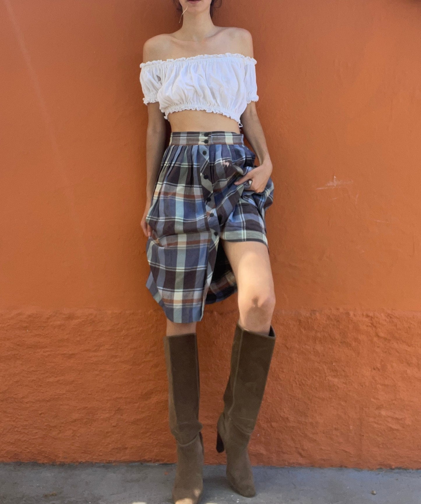 Vintage plaid blue and brown midi skirt, Long high waist Cottage core skirt, Retro summer skirt