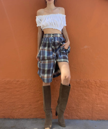 Blue and Brown Plaid Midi Skirt — fabric close-up