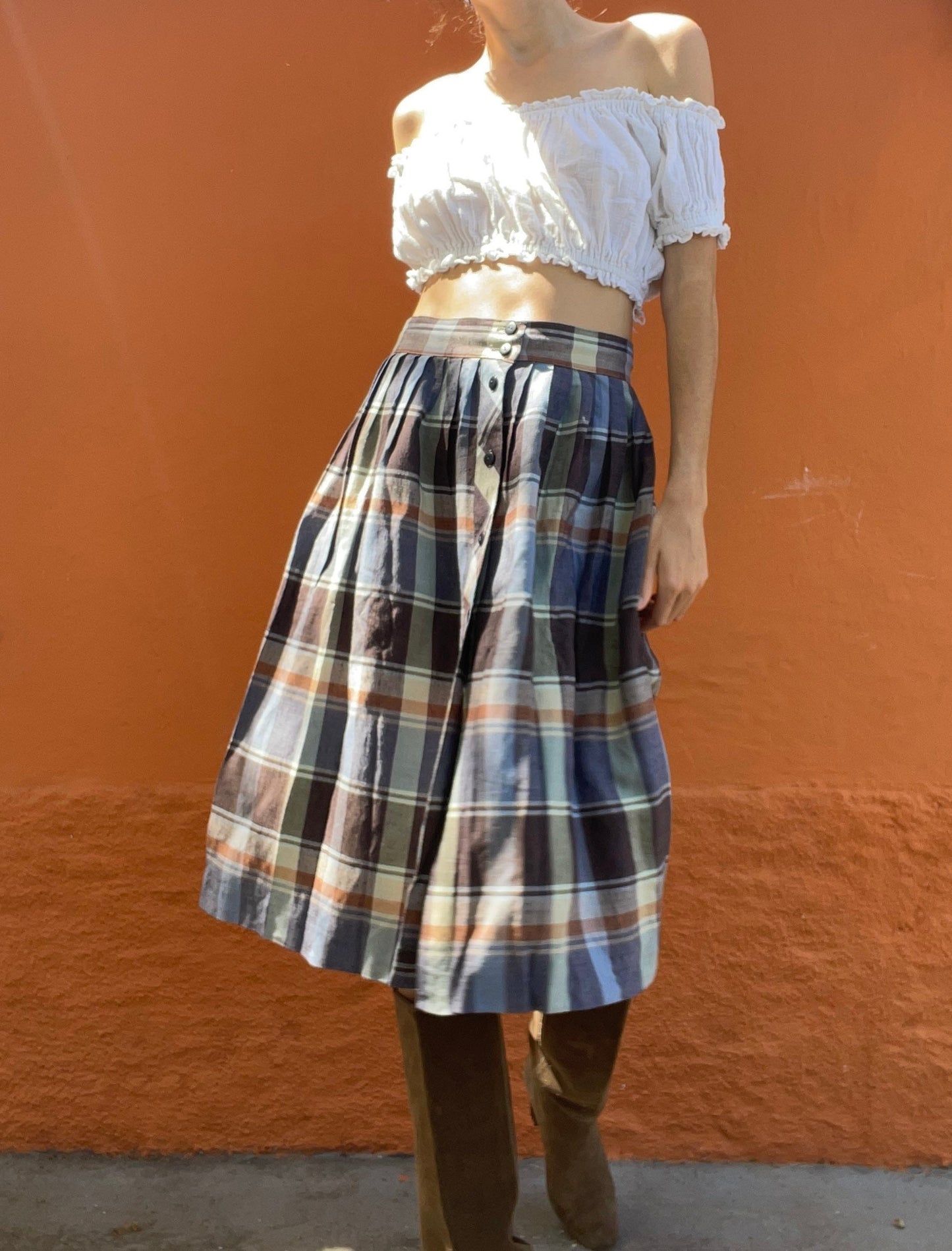 Vintage plaid blue and brown midi skirt, Long high waist Cottage core skirt, Retro summer skirt