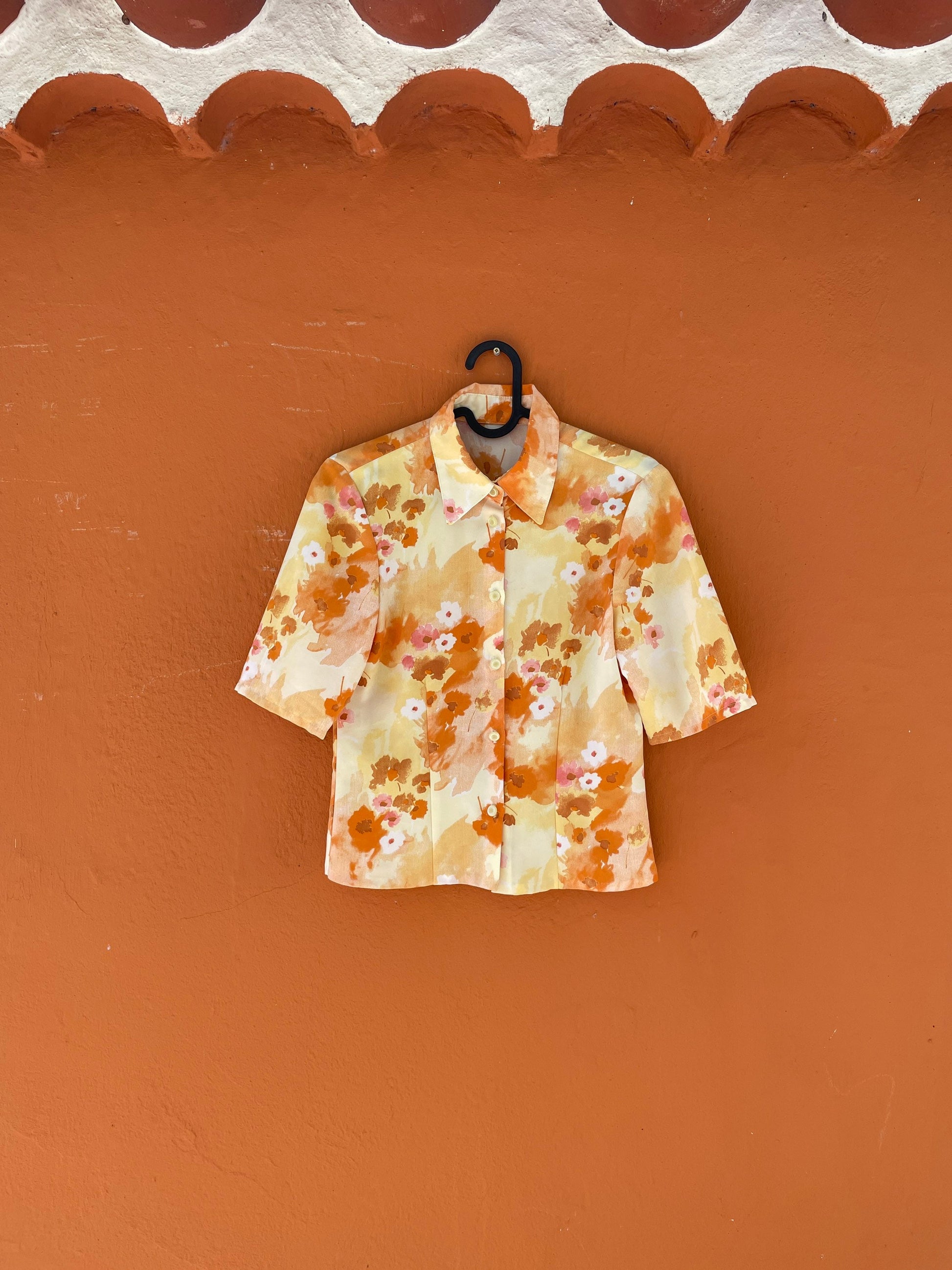Vintage resort wear woman blouse, Colourful summer shirt, Feminine button up blouse, Handmade vintage 70s top, XXS