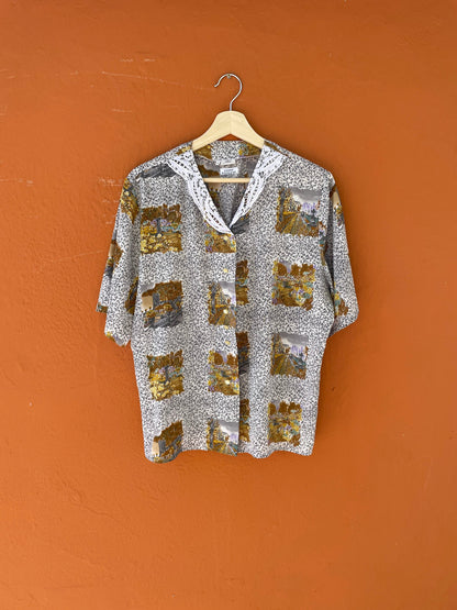 Floral Landscape Print Blouse With Lace Collar — additional view 6