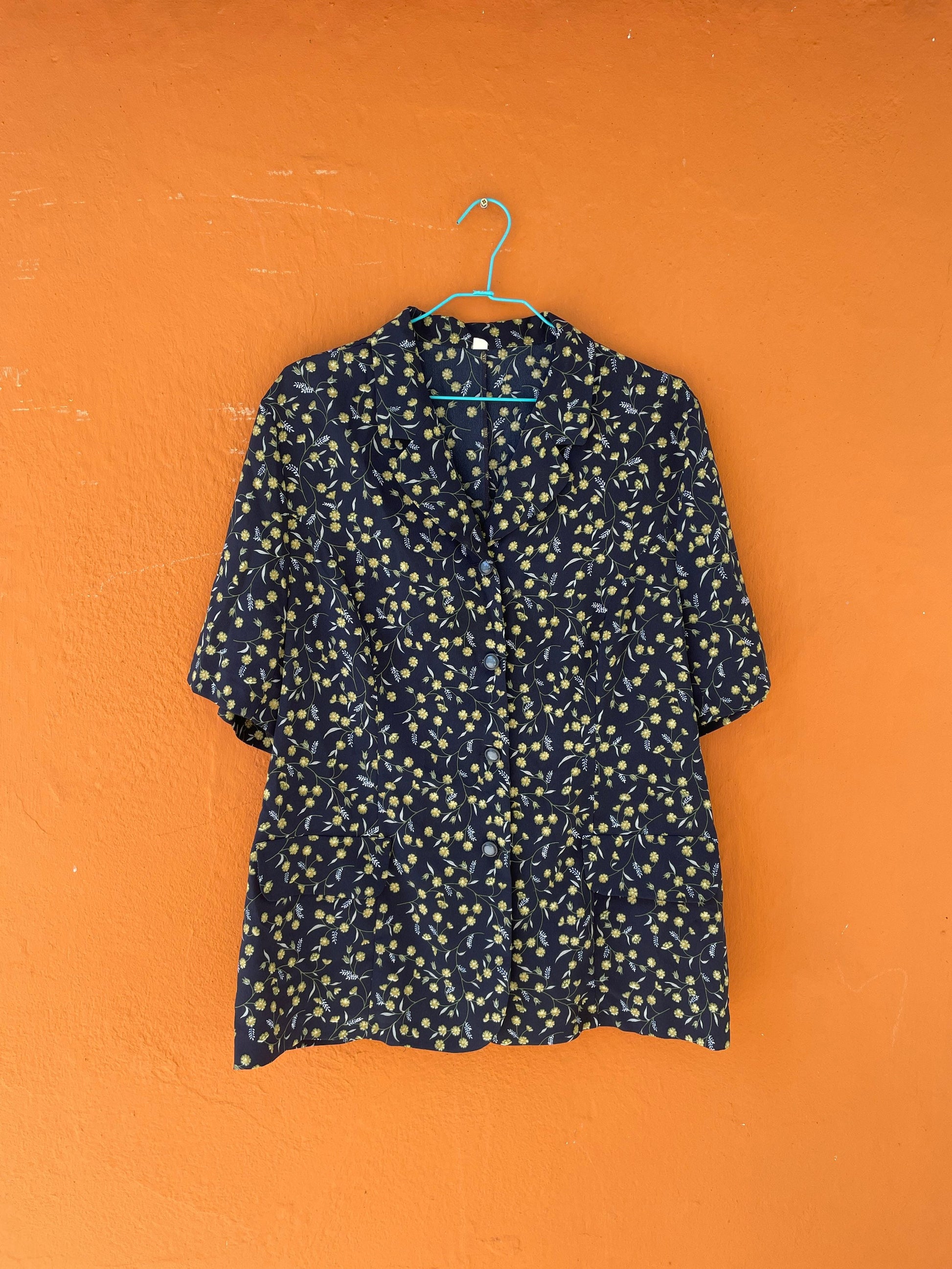 Blue and yellow flower blouse, Vintage summer shirt, Cute knot tie oversized blouse, 80s secretary top, XL