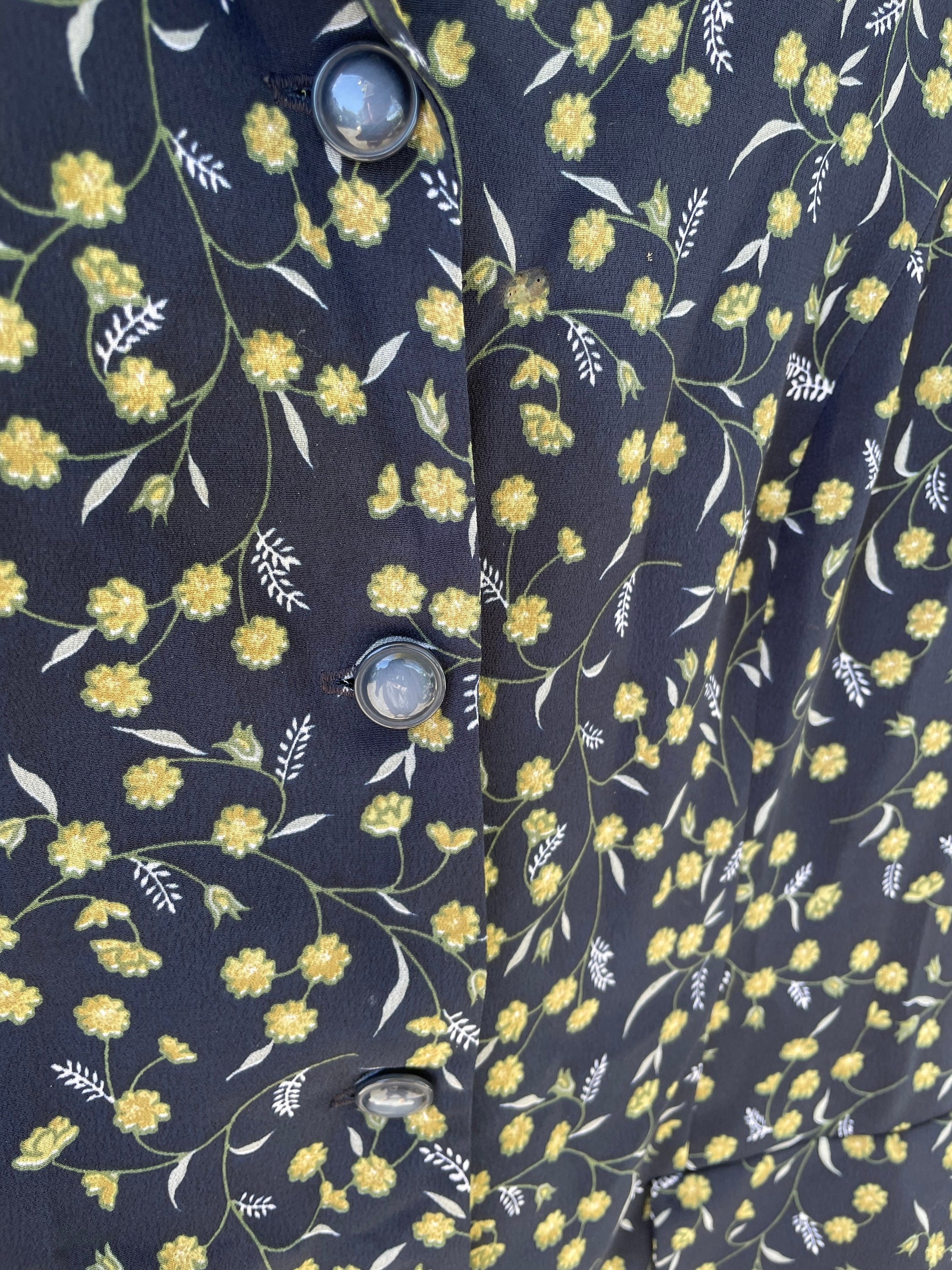 Blue and yellow flower blouse, Vintage summer shirt, Cute knot tie oversized blouse, 80s secretary top, XL