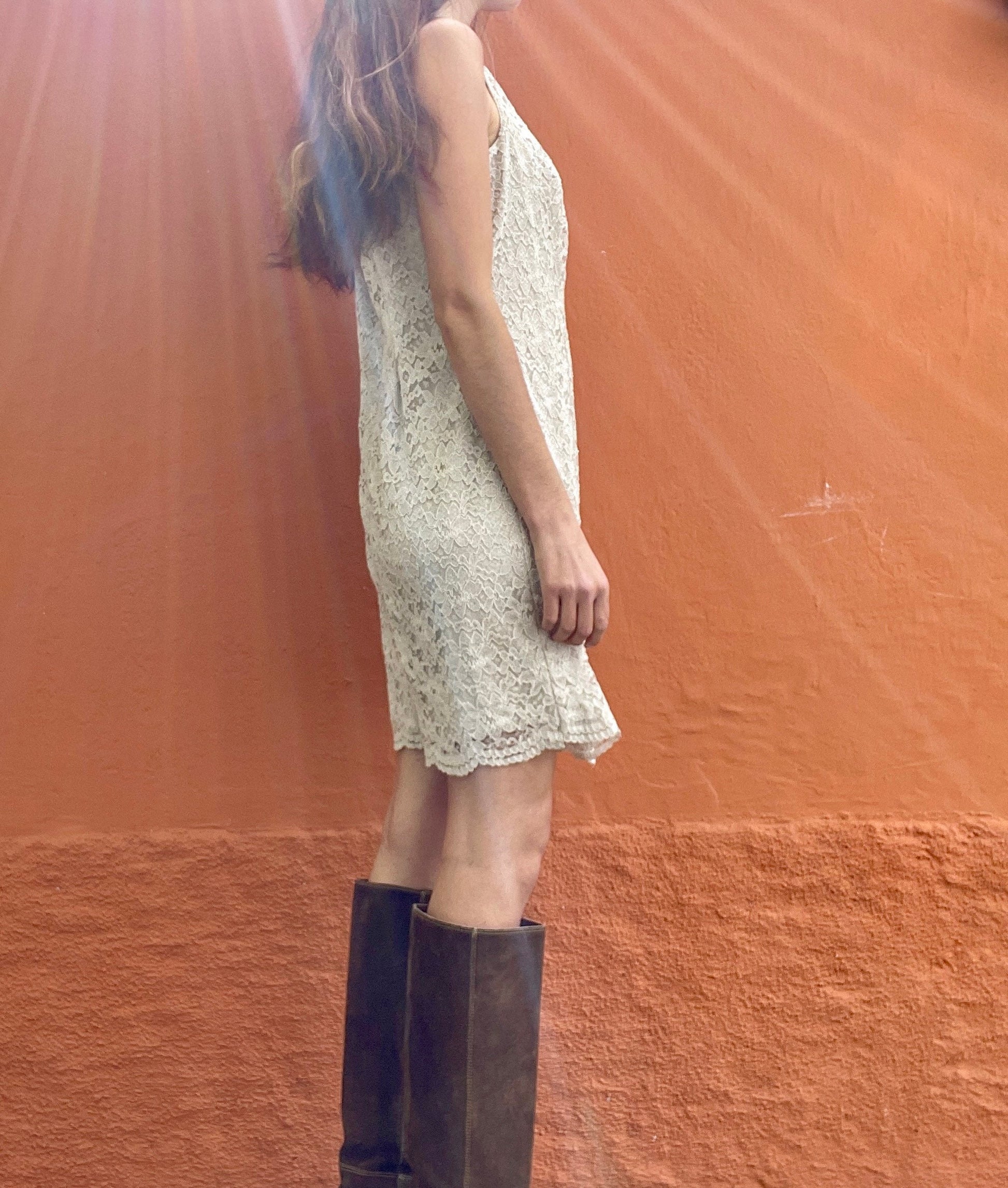 Vintage beige lace bodycon dress, Sexy sleeveless dress, Eggshell slip dress, Creme lace slip dress, M