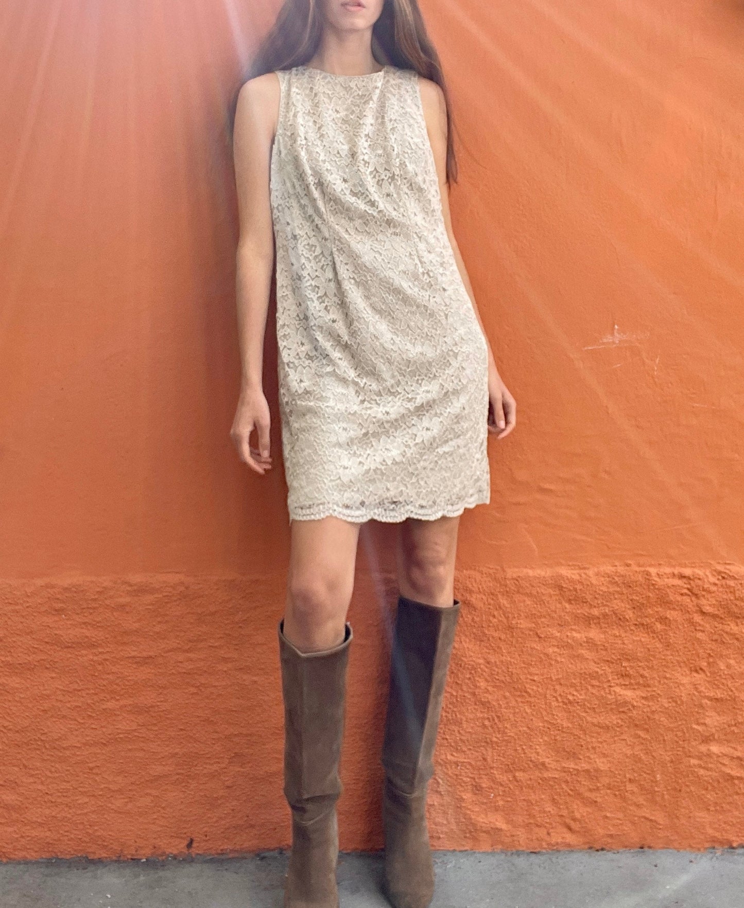 Vintage beige lace bodycon dress, Eggshell / Creme lace slip dress, M