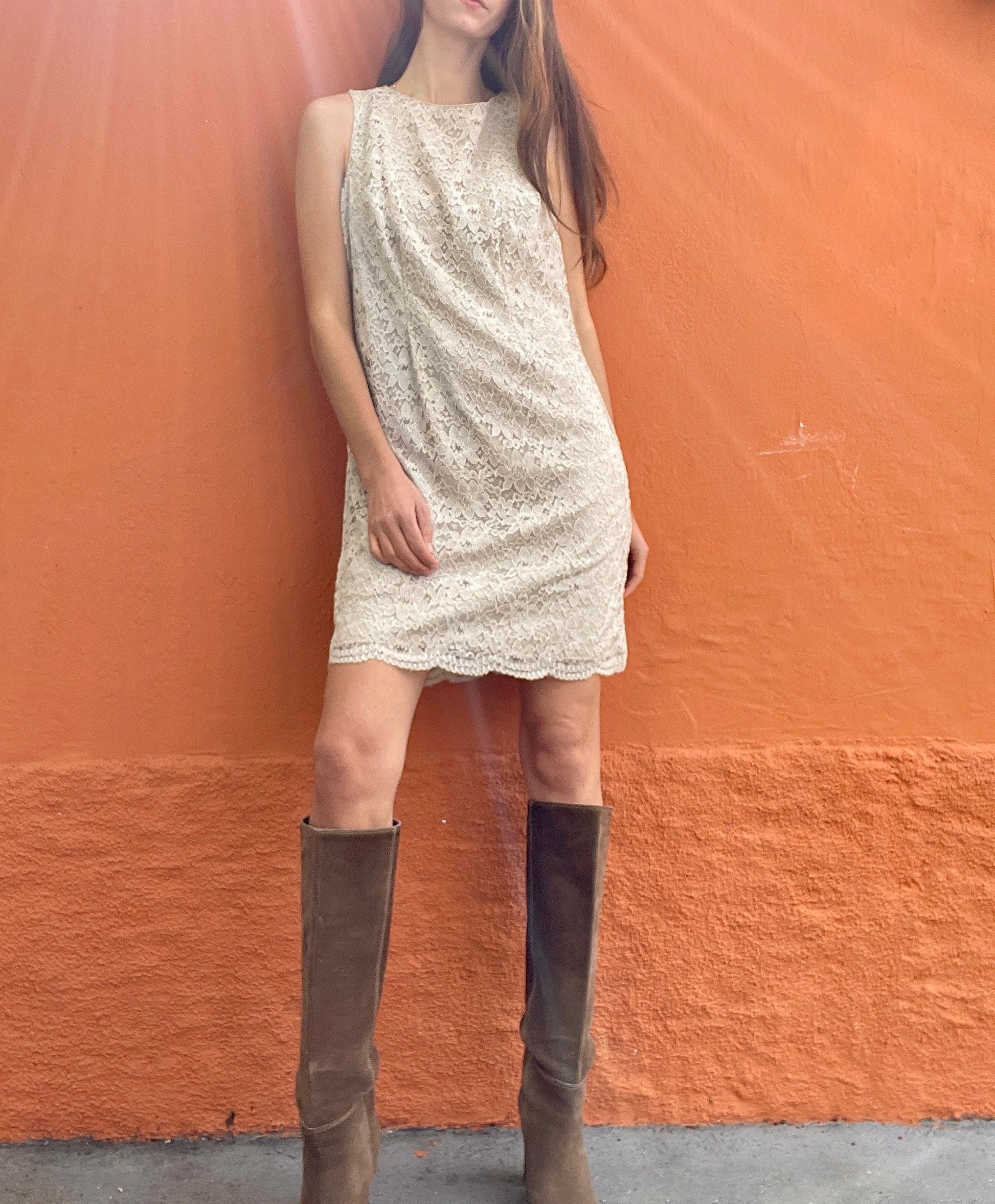 Vintage beige lace bodycon dress, Eggshell / Creme lace slip dress, M