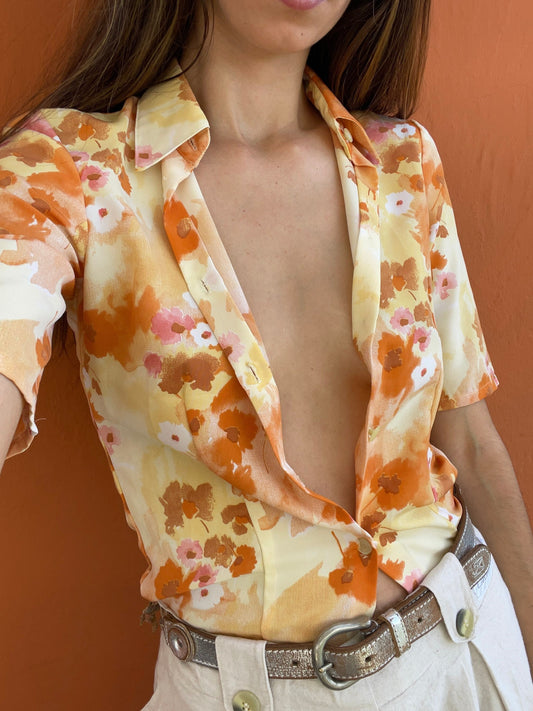 Vintage resort wear woman blouse, Colourful summer shirt, Feminine button up blouse, Handmade vintage 70s top, XXS