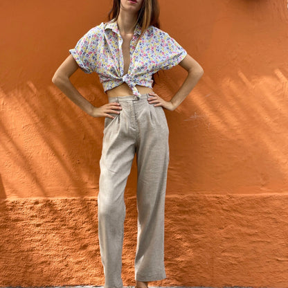 Retro Floral Cotton Blouse for Women — fabric close-up