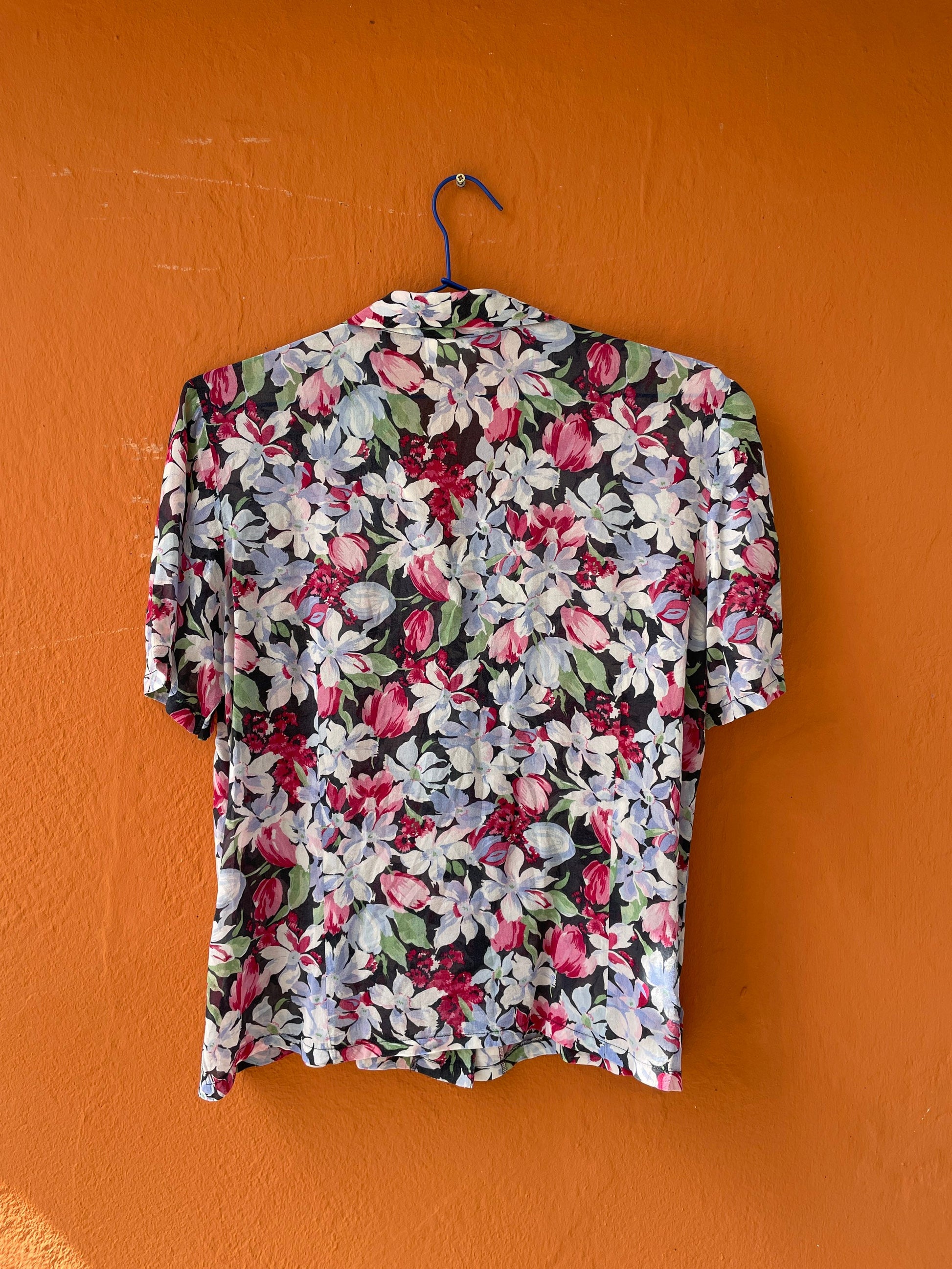 Vintage silk floral summer blouse, Cheerful retro woman clothing, French knot tie top, Cottage core blouse, Cute see through top, Sheer top