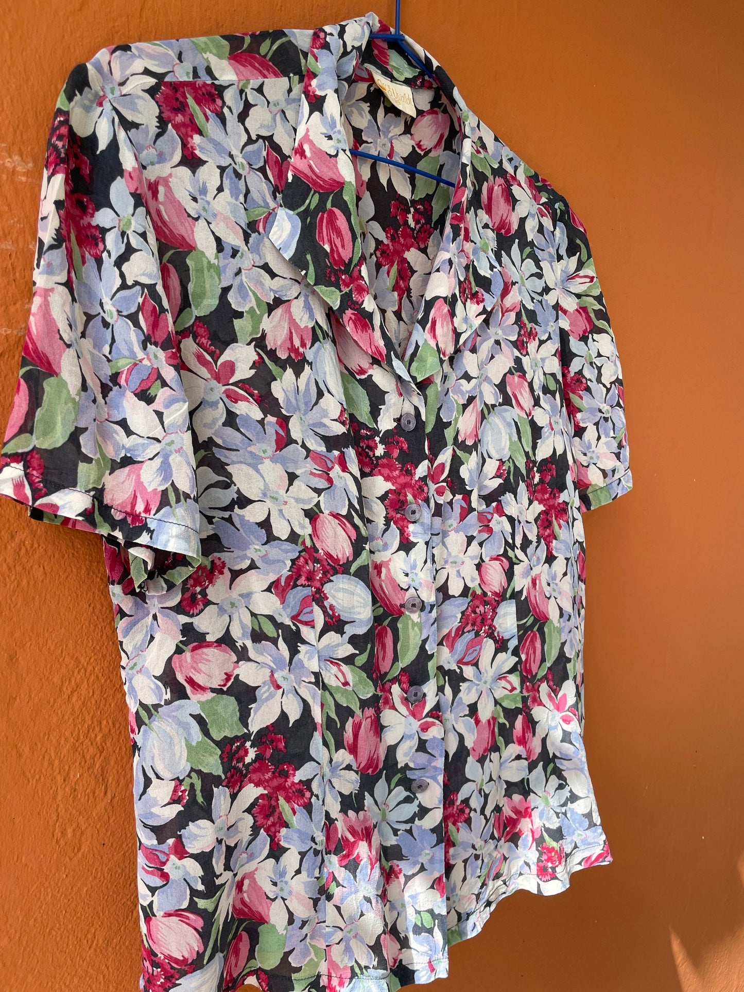 Vintage silk floral summer blouse, Cheerful retro woman clothing, French knot tie top, Cottage core blouse, Cute see through top, Sheer top