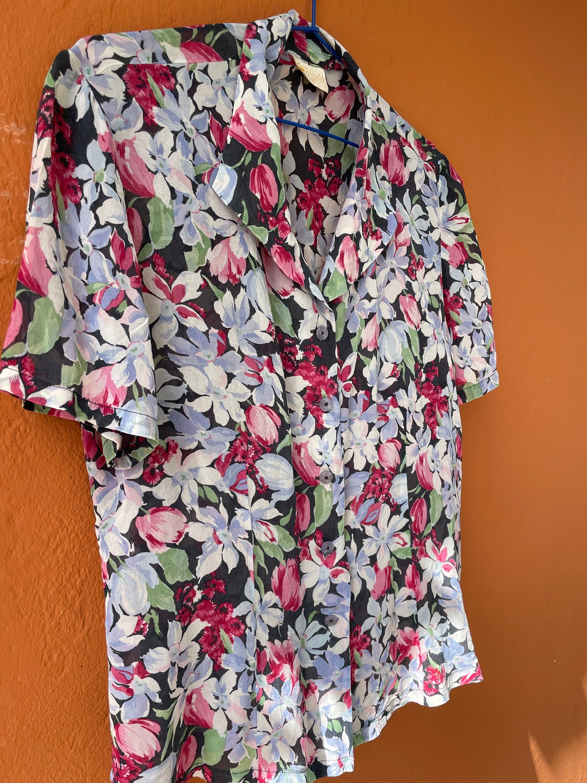 Vintage silk floral summer blouse, Cheerful retro woman clothing, French knot tie top, Cottage core blouse, Cute see through top, Sheer top