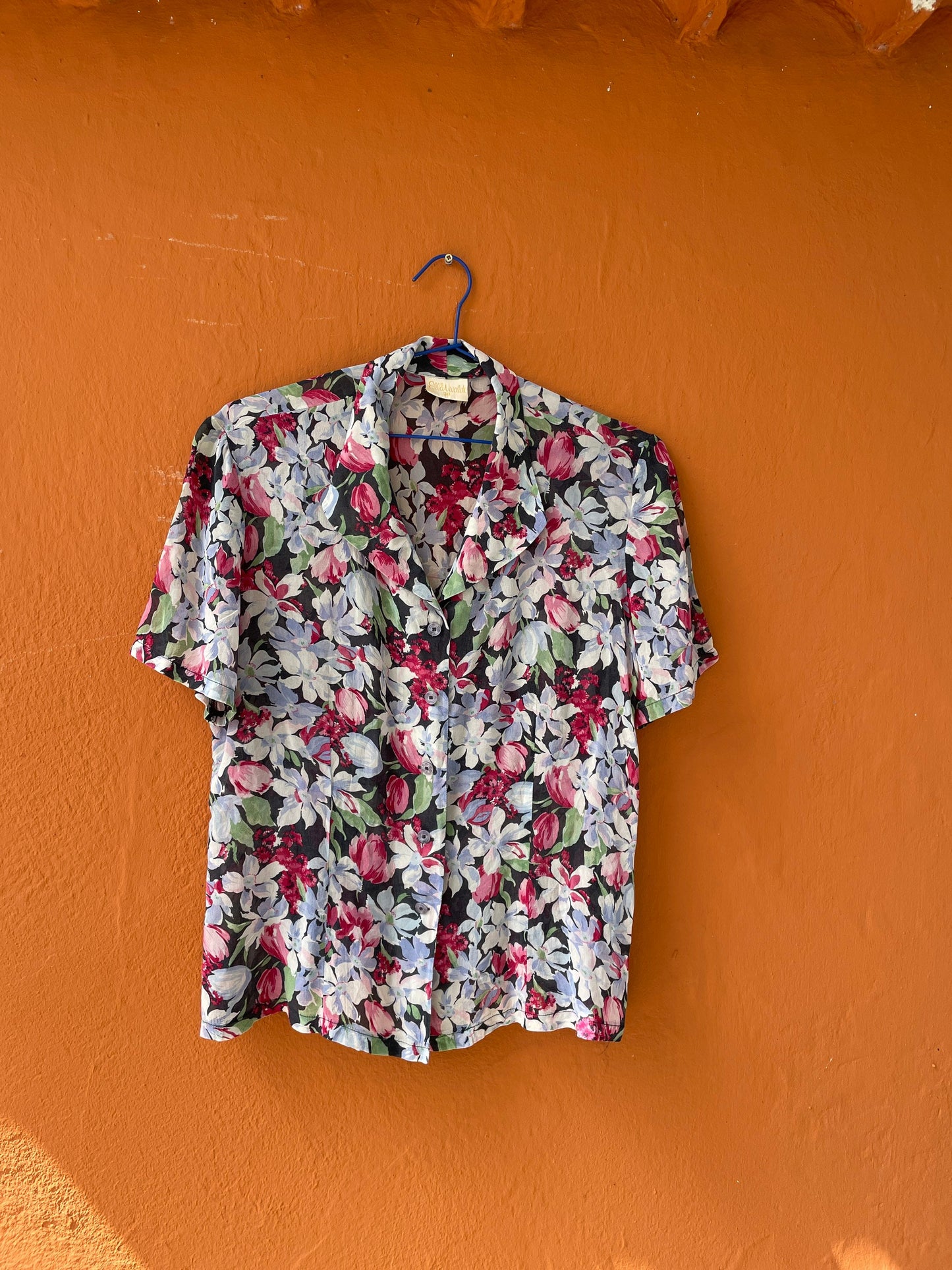 Vintage silk floral summer blouse, Cheerful retro woman clothing, French knot tie top, Cottage core blouse, Cute see through top, Sheer top