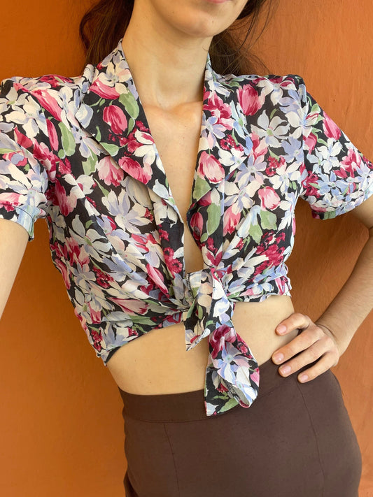 Vintage silk floral summer blouse, Cheerful retro woman clothing, French knot tie top, Cottage core blouse, Cute see through top, Sheer top