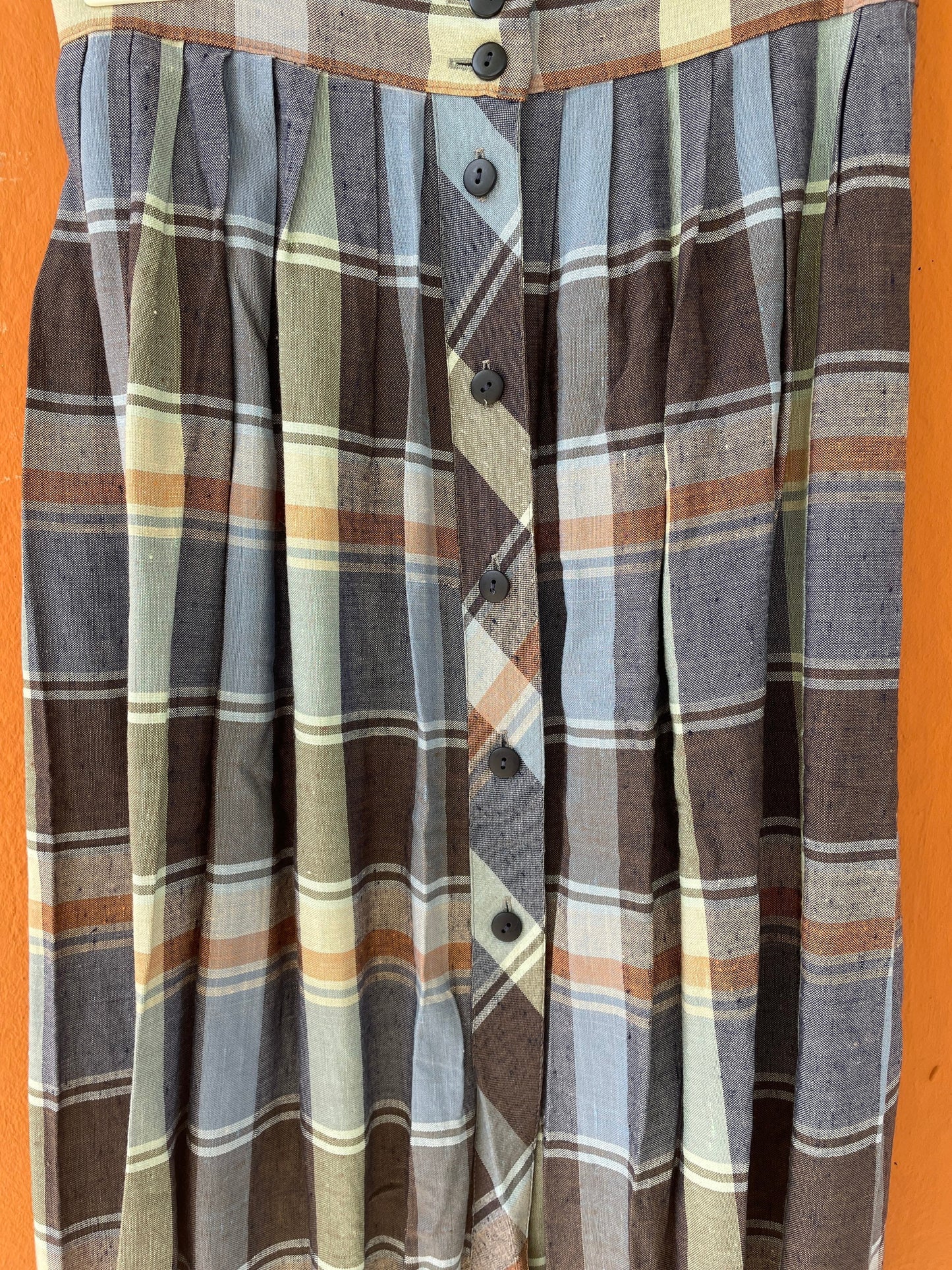 Vintage plaid blue and brown midi skirt, Long high waist Cottage core skirt, Retro summer skirt