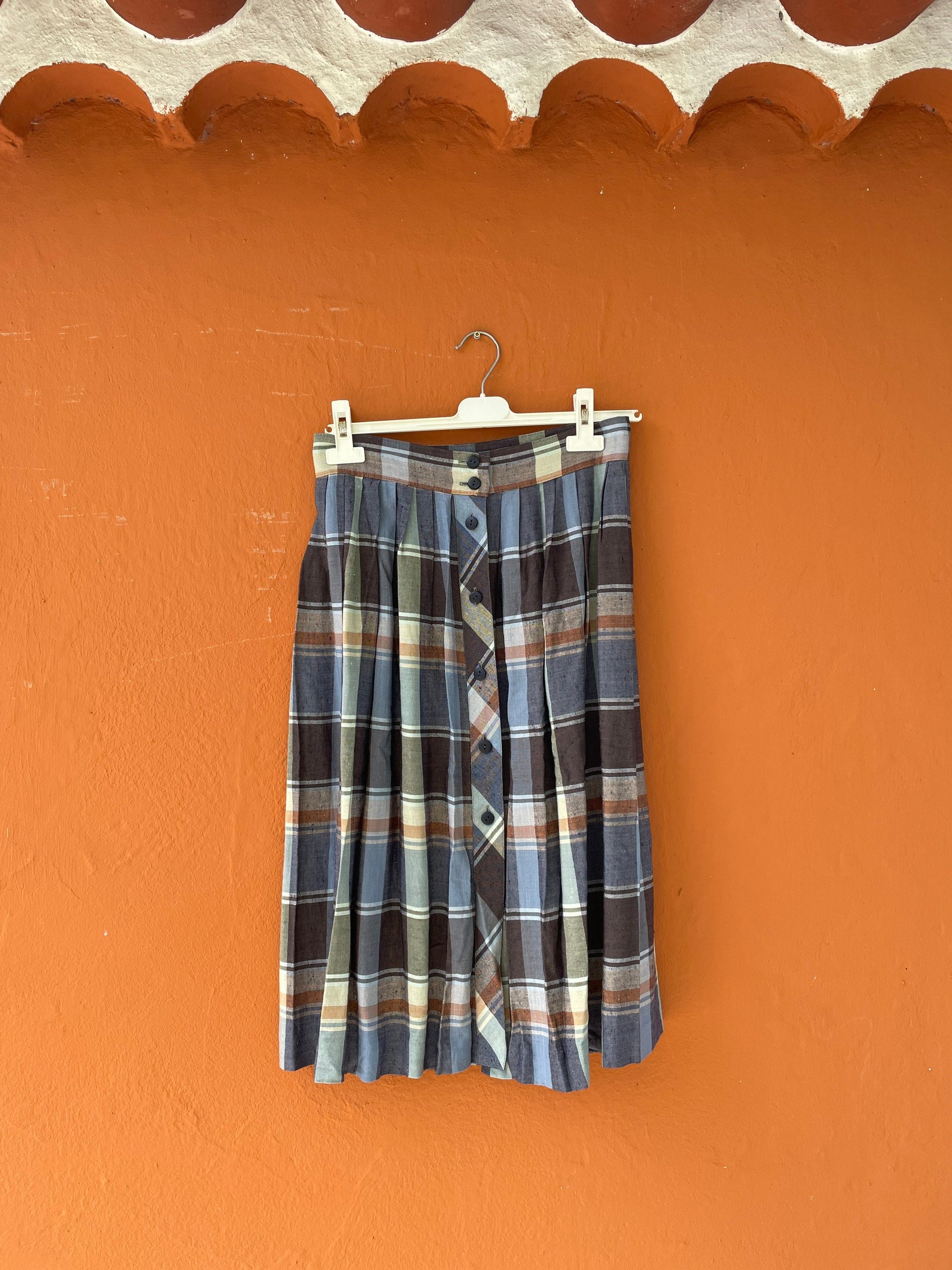 Vintage plaid blue and brown midi skirt, Long high waist Cottage core skirt, Retro summer skirt