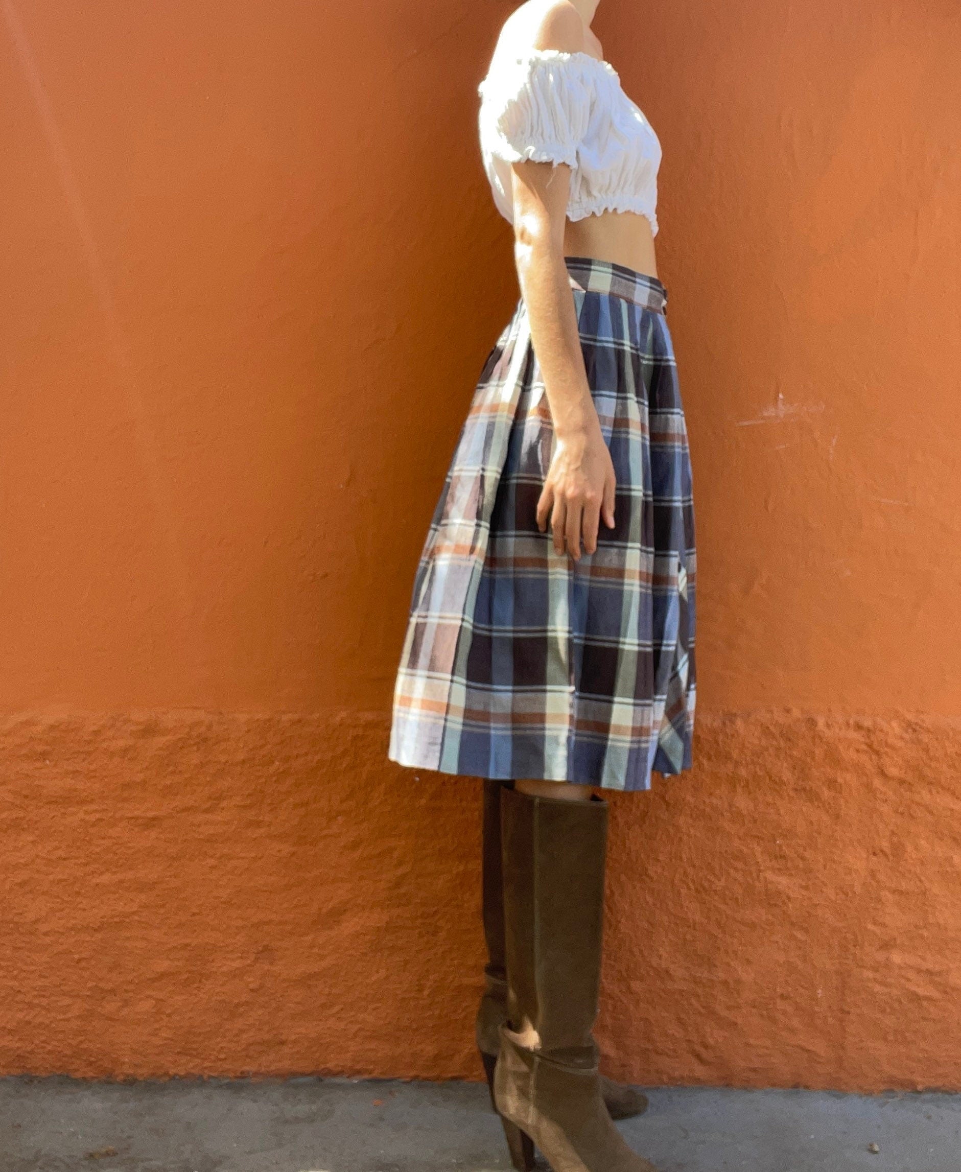 Vintage plaid blue and brown midi skirt, Long high waist Cottage core skirt, Retro summer skirt