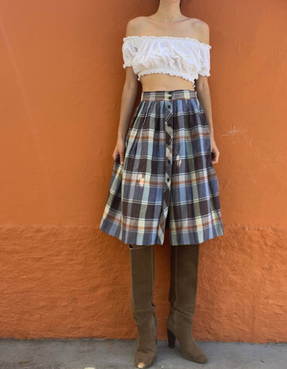 Blue and Brown Plaid Midi Skirt — back view