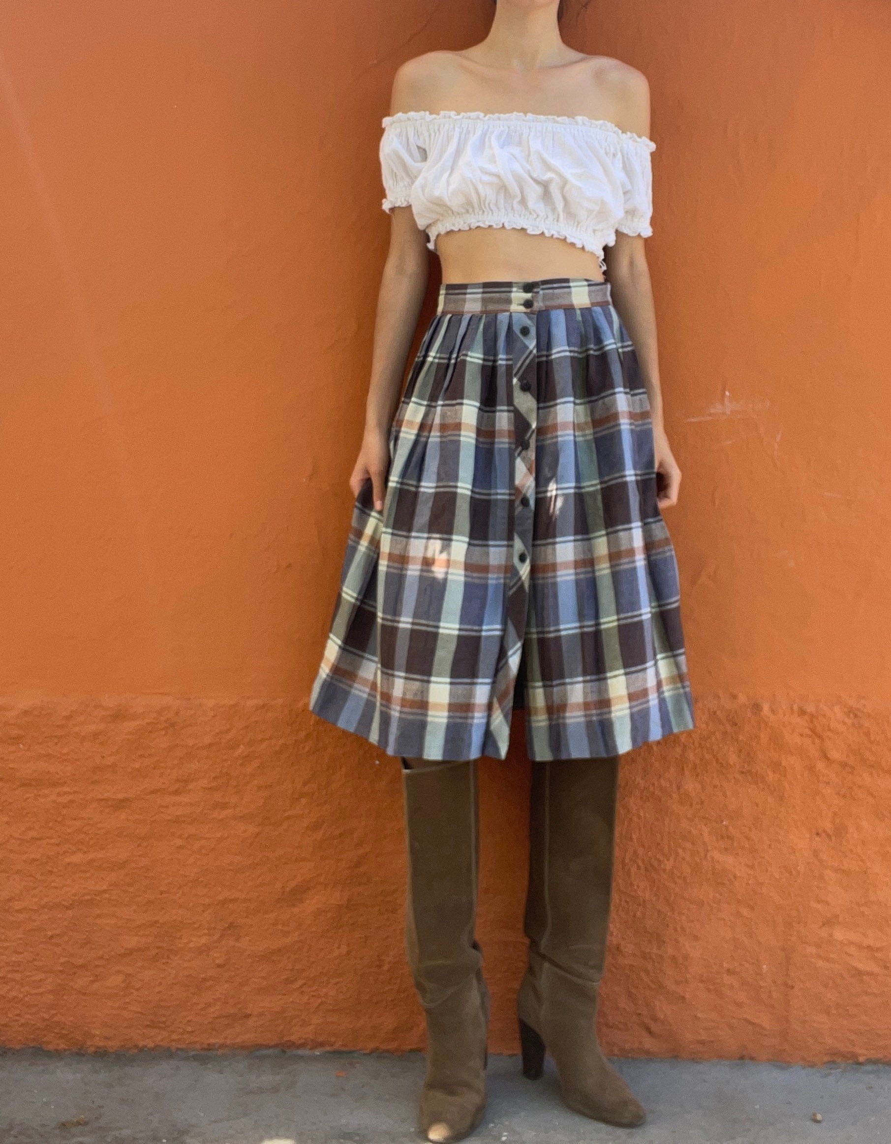 Vintage plaid blue and brown midi skirt, Long high waist Cottage core skirt, Retro summer skirt