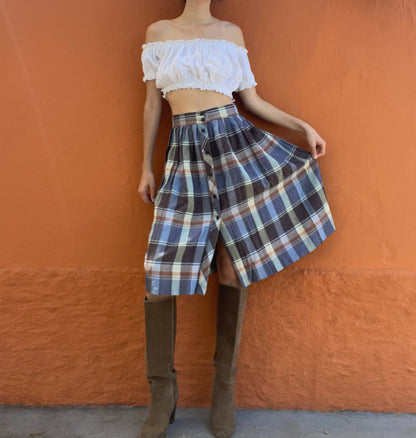 Blue and Brown Plaid Midi Skirt