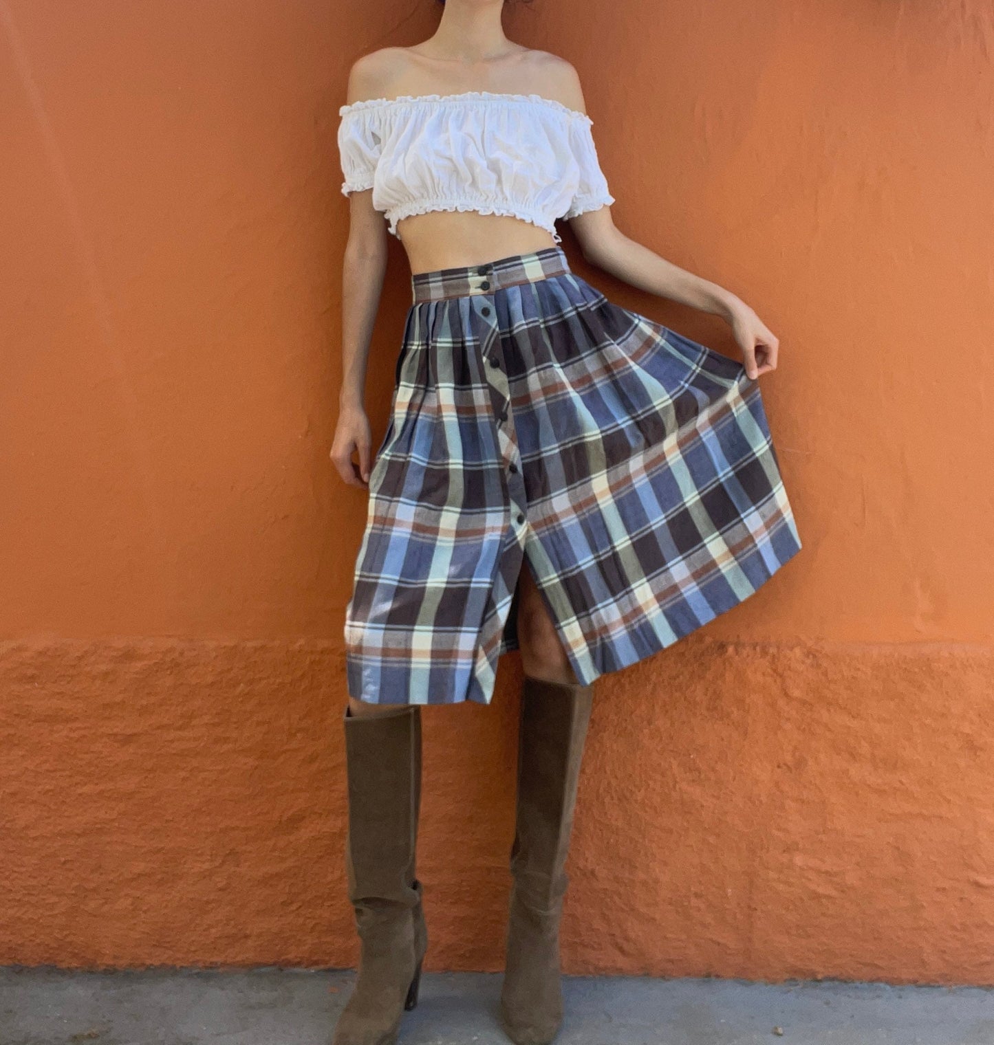 Plaid blue and brown woman midi skirt