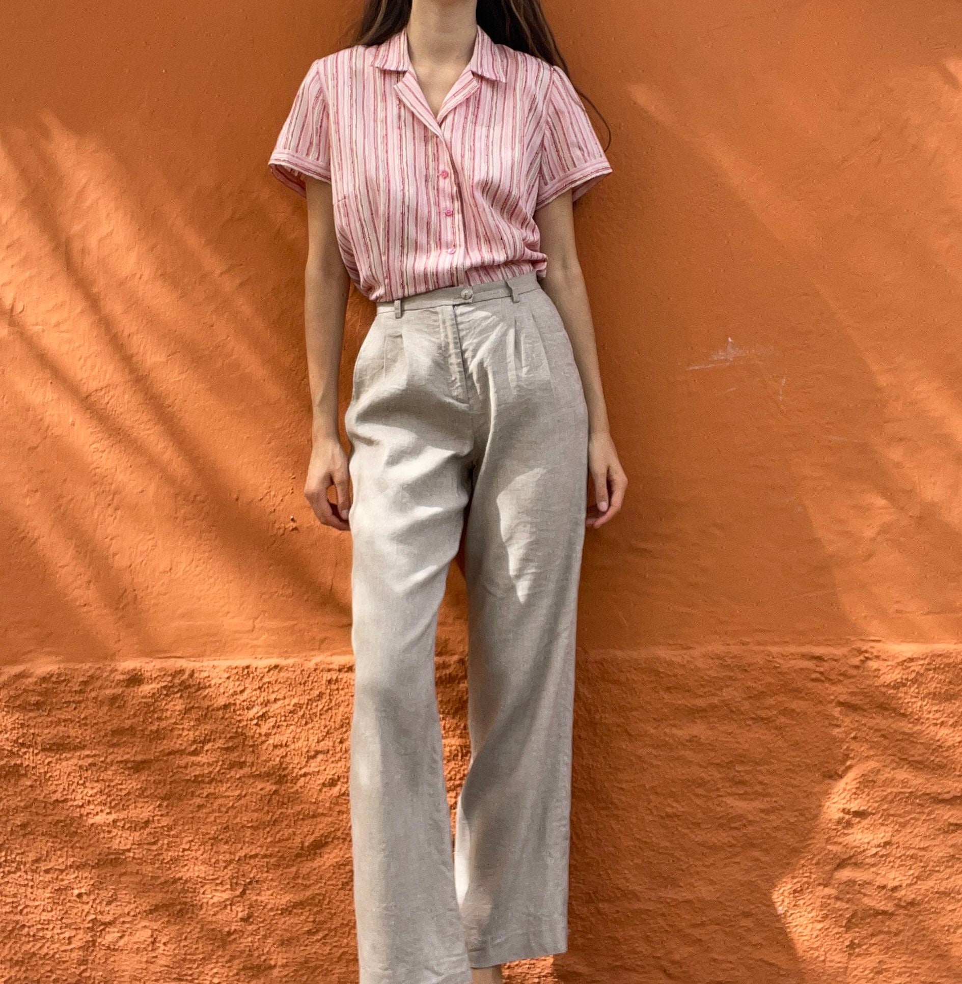 70s vintage blouse, Pink striped shirt, Lightweight retro groovy top, Valentine's day clothing, Summer blouse, Unisex collared oxford shirt