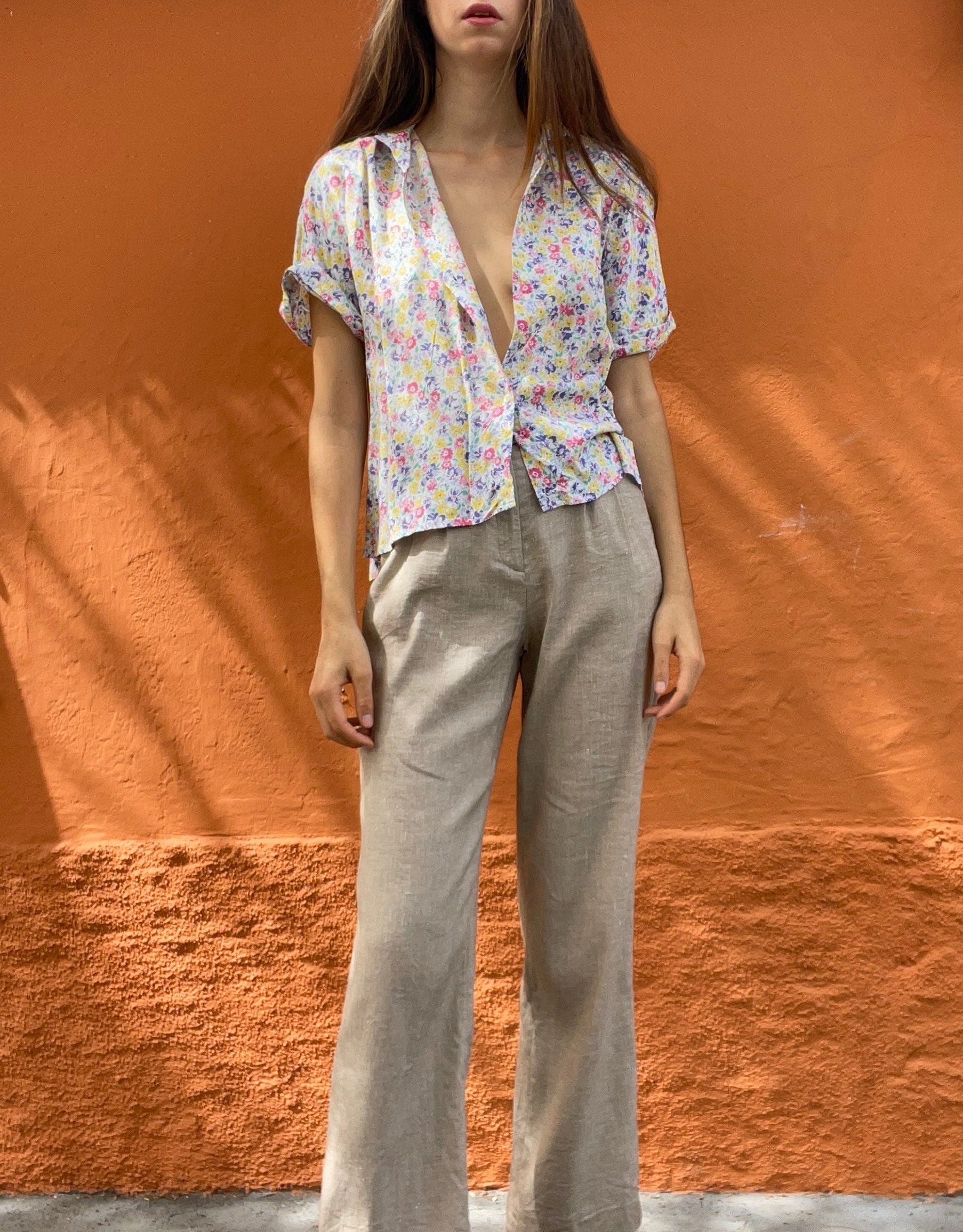 Floral women's blouse, Retro blouse, Hippie clothing, Light cotton summer shirt, floral pattern button up girl shirt, M