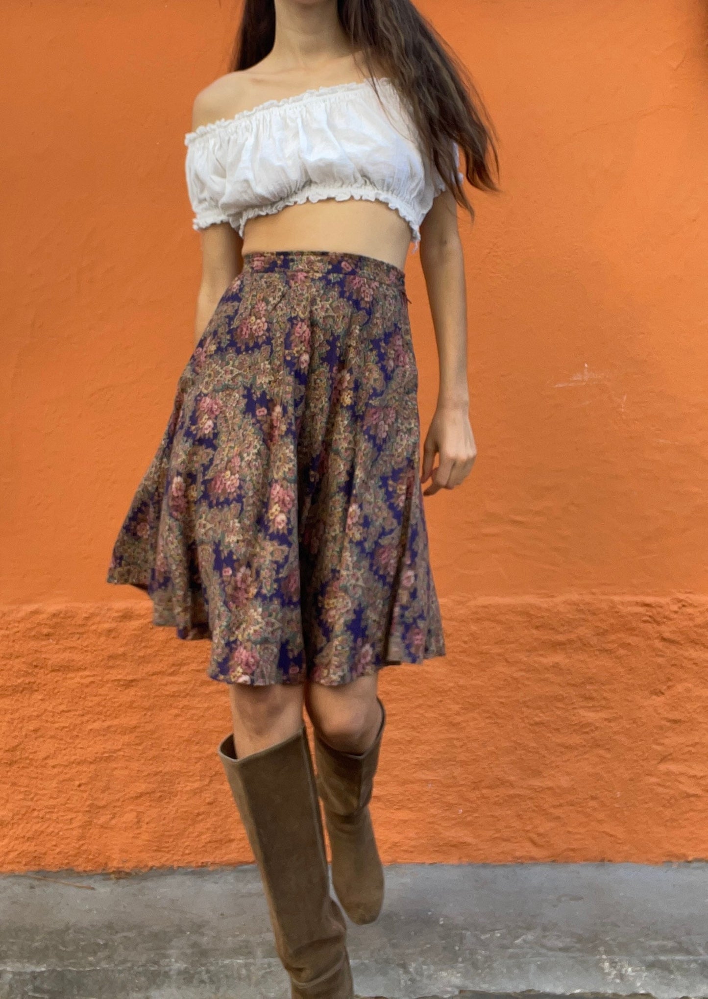 Vintage floral summer skirt, Purple retro midi skirt, High waist Cottage core spring skirt, Size 146 / XS - XXS