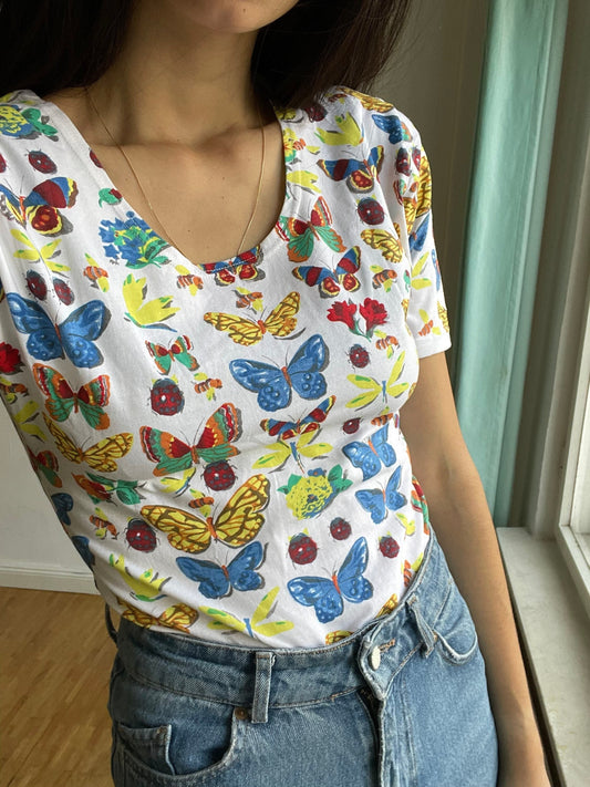Vintage Butterfly Cotton Bodysuit, Retro Cottagecore Short Sleeve Leotard, Colorful Summer Top, Tie Front, Size S (XL Tag)