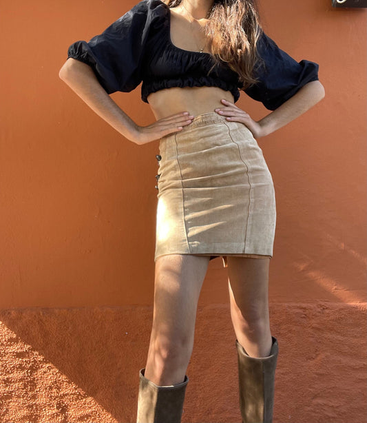 Earthy oatmeal suede leather mini skirt, Genuine leather vintage short skirt, Beige natural clothing, Tan tight short skirt, 70s