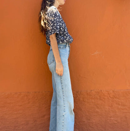 Vintage Blue Floral Cropped Blouse — fabric close-up