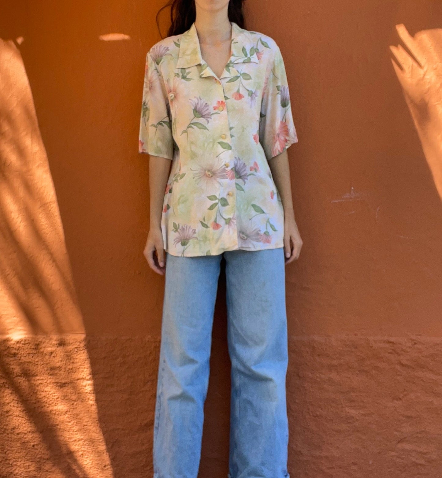 Vintage pastel floral blouse, Sweet flower patterned top, Cute summer shirt, Button-up oversized 70s blouse,