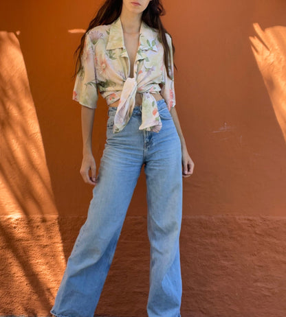 Vintage 70s Pastel Floral Blouse, Button-Up Shirt