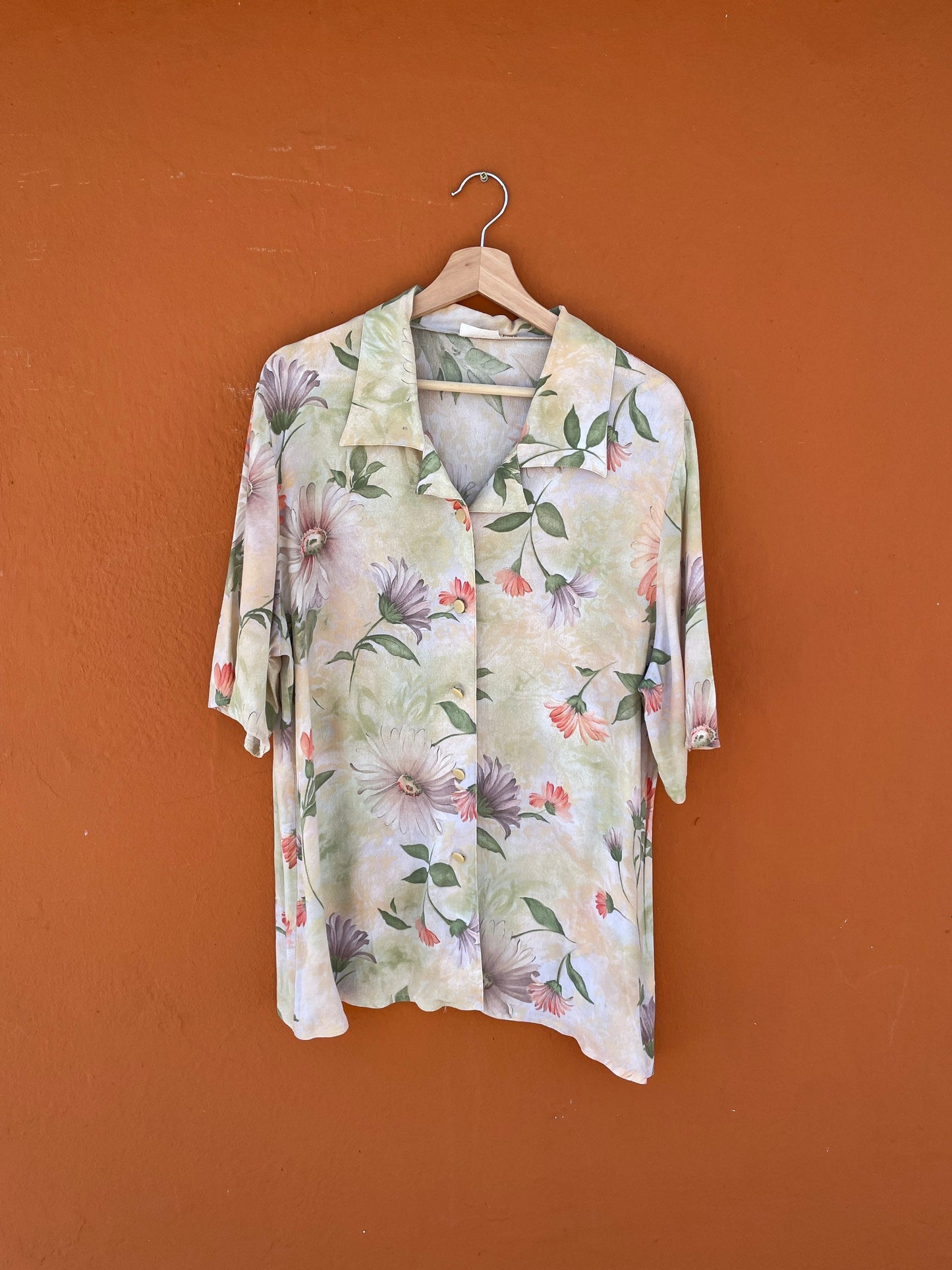 Vintage pastel floral blouse, Sweet flower patterned top, Cute summer shirt, Button-up oversized 70s blouse,