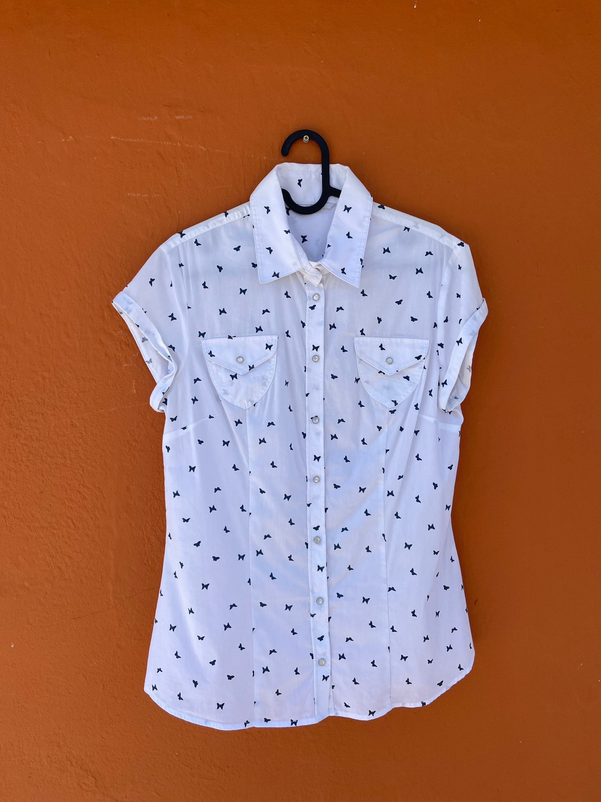 Vintage Italian Cotton Blouse with Blue Butterfly Embroidery, White Cap Sleeve Button-Up Top, Summer Shirt XS-S by Carrera