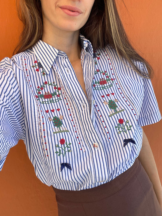 Christmas button up shirt, Large cotton embroidered blouse, Cottage core blue and white folklore striped shirt, M