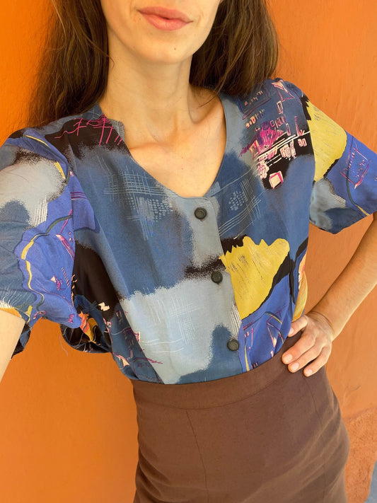 Vintage 80s Women's Blouse Oversized Retro Shirt Abstract Colourful Pattern Loose Fit DE 40 L