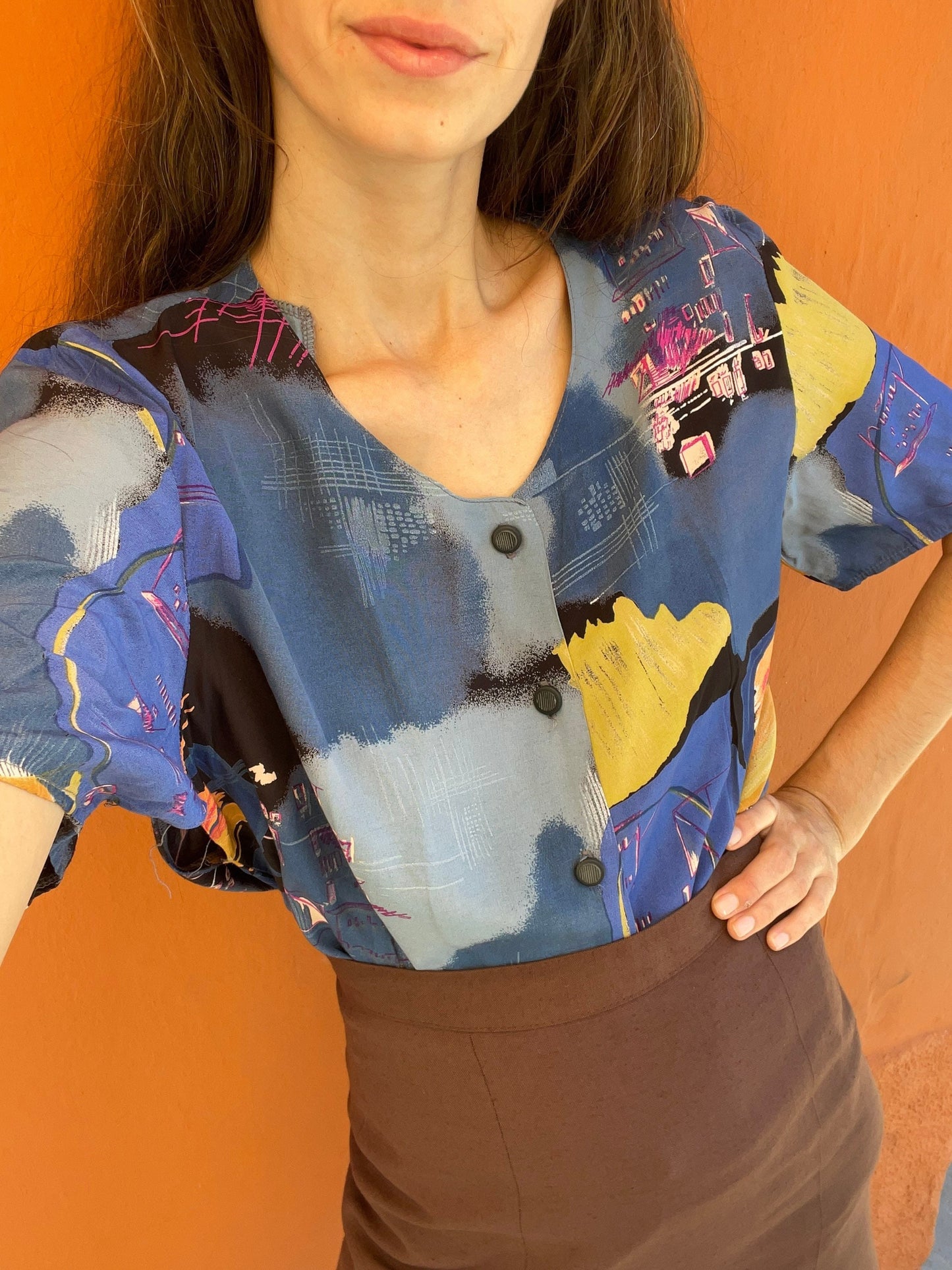 Vintage 80s Women's Blouse Oversized Retro Shirt Abstract Colourful Pattern Loose Fit DE 40 L