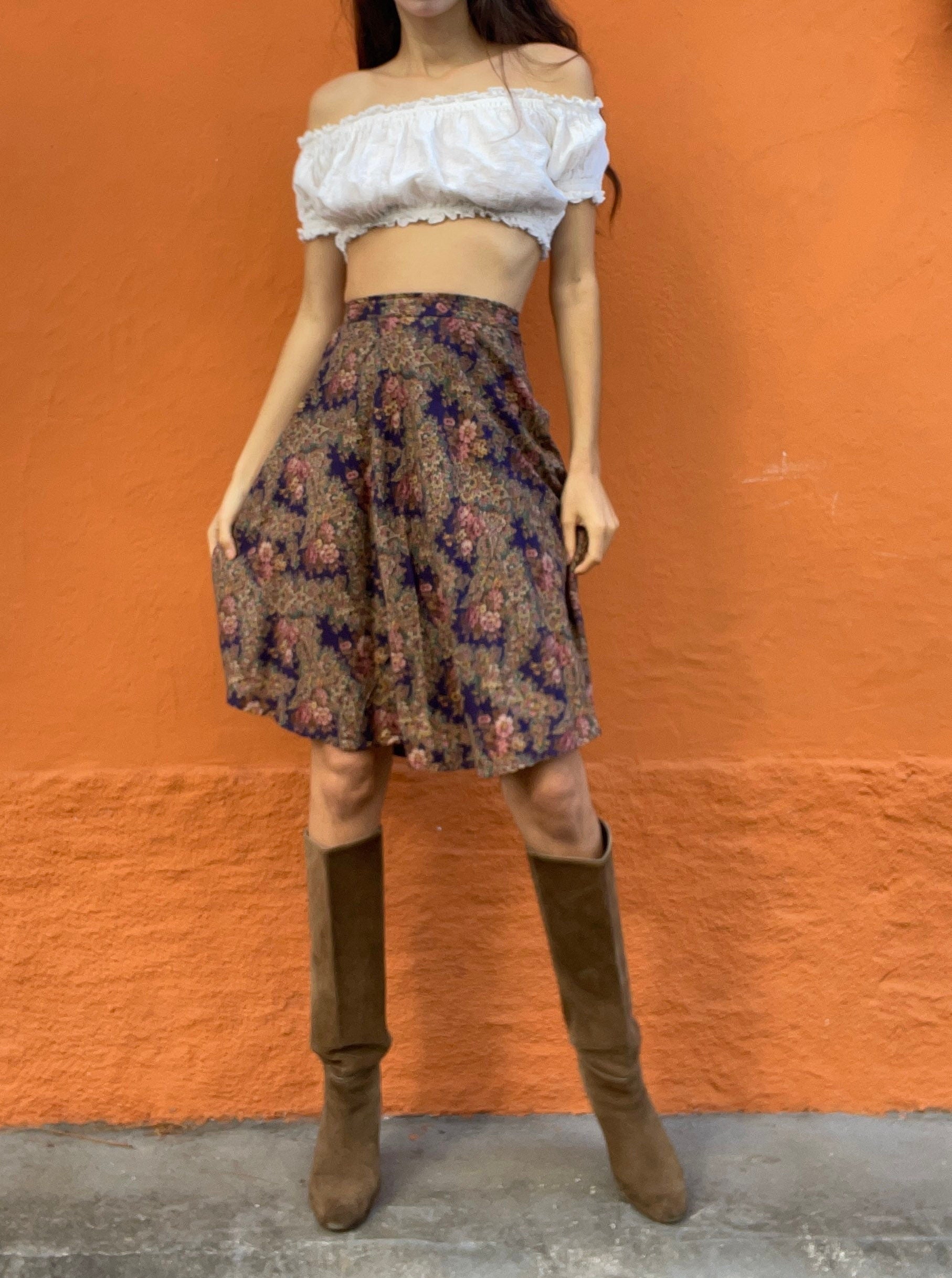 Vintage floral summer skirt, Purple retro midi skirt, High waist Cottage core spring skirt, Size 146 / XS - XXS