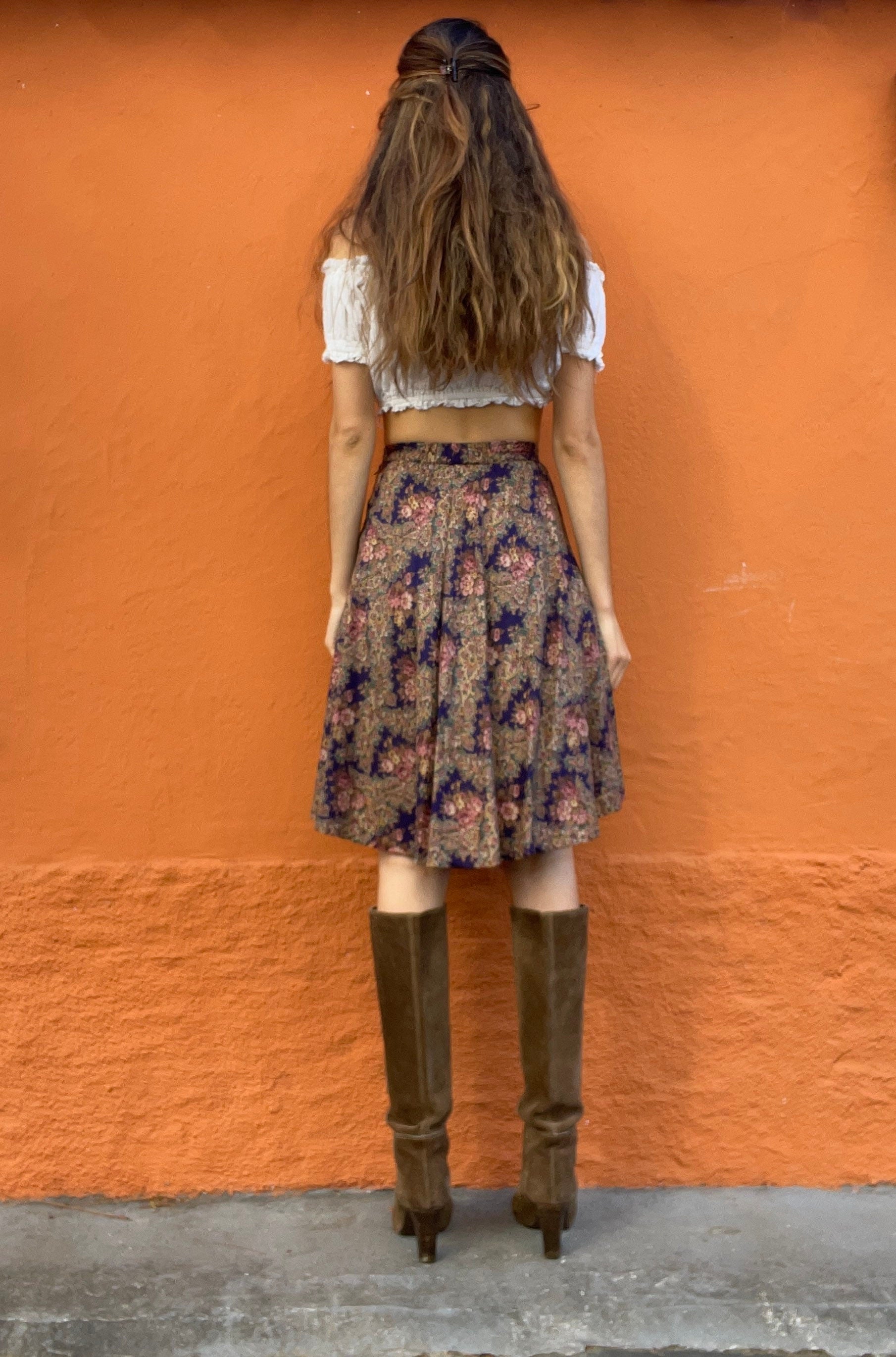 Vintage floral summer skirt, Purple retro midi skirt, High waist Cottage core spring skirt, Size 146 / XS - XXS