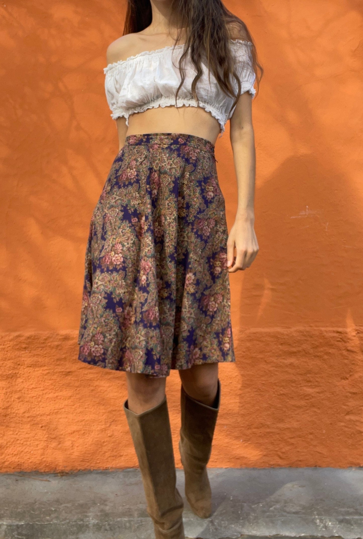 Vintage floral summer skirt, Purple retro midi skirt, High waist Cottage core spring skirt, Size 146 / XS - XXS