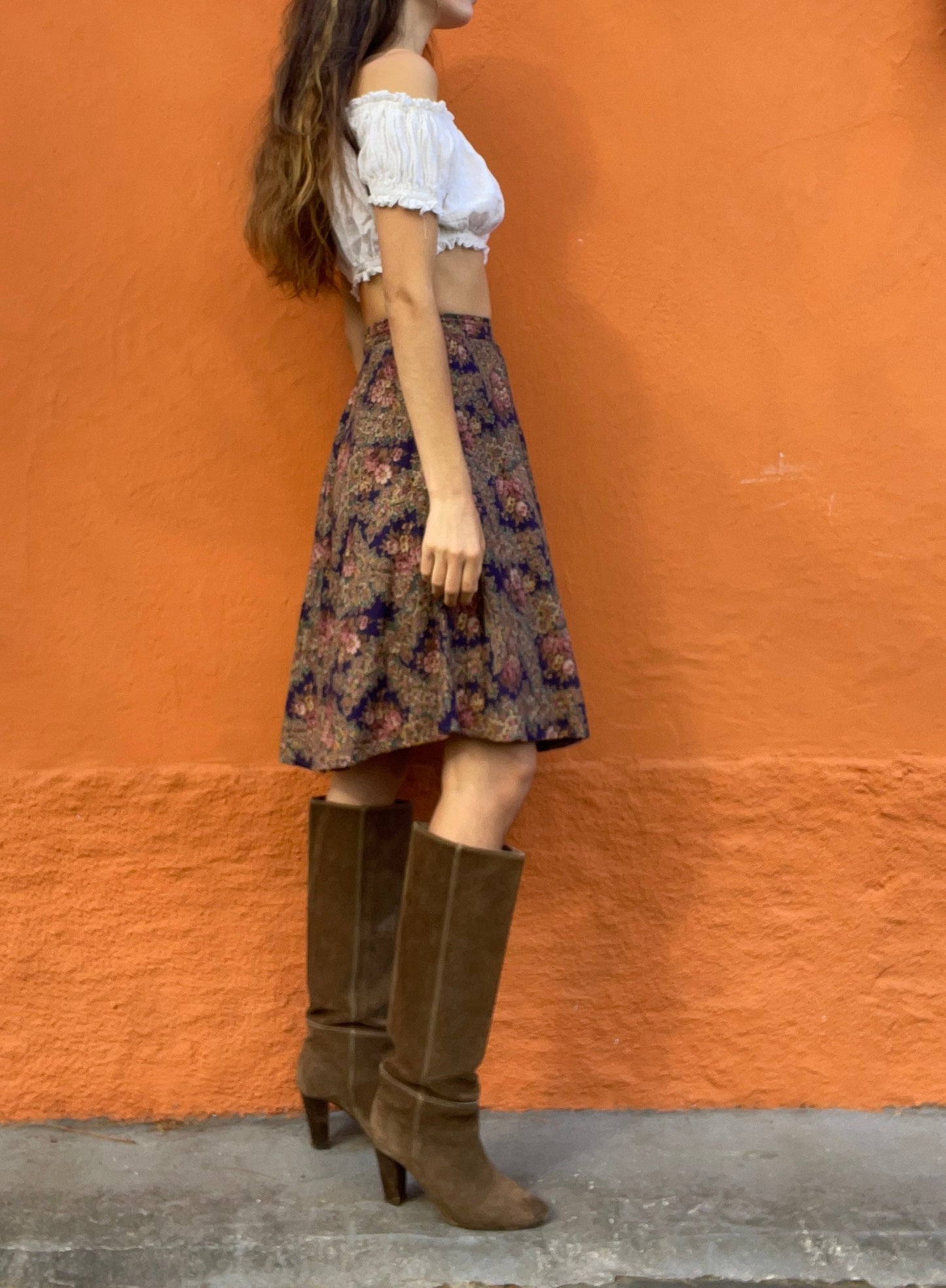 Vintage floral summer skirt, Purple retro midi skirt, High waist Cottage core spring skirt, Size 146 / XS - XXS