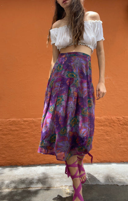 Vintage Purple Floral Maxi Skirt — fabric close-up