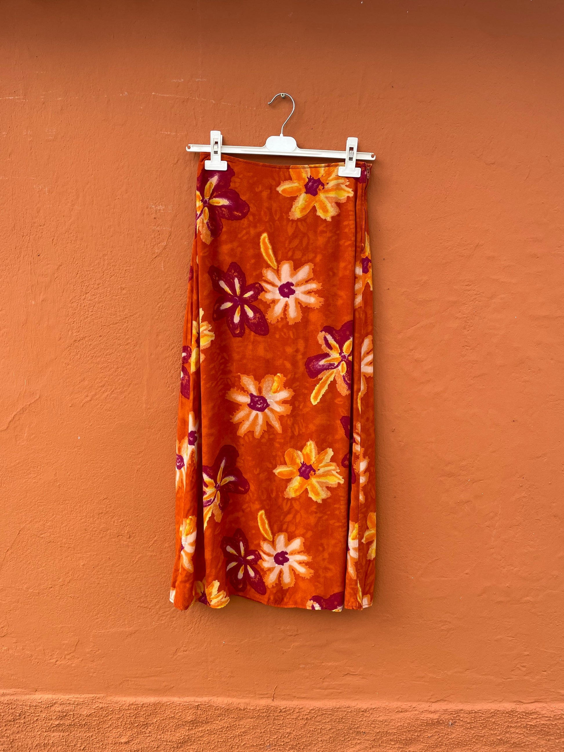 Orange floral maxi skirt, Pareo beach clothing, Feminine elegant high waist skirt, Romantic dreamy summer skirt, S