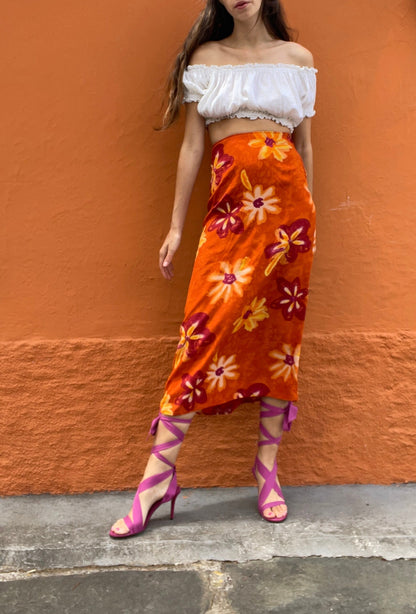 Orange Floral High Waist Maxi Skirt — fabric close-up
