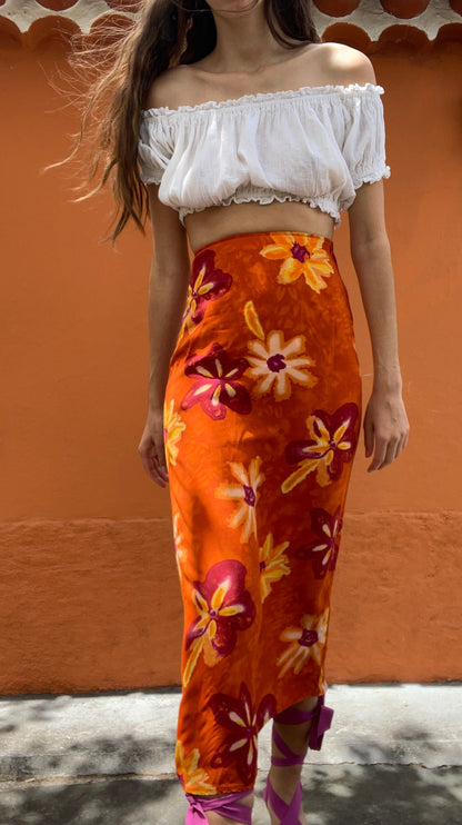 Orange Floral High Waist Maxi Skirt — additional view 5