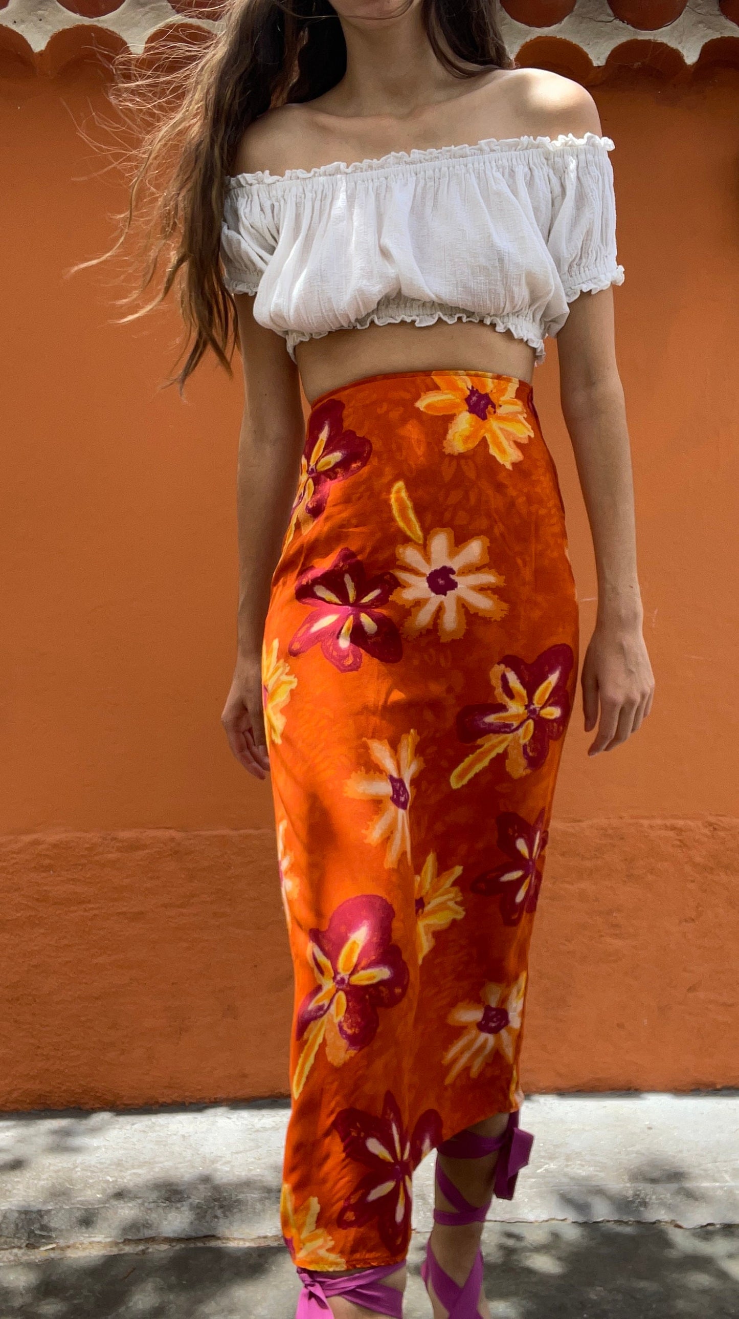 Orange floral maxi skirt, Pareo beach clothing, Feminine elegant high waist skirt, Romantic dreamy summer skirt, S