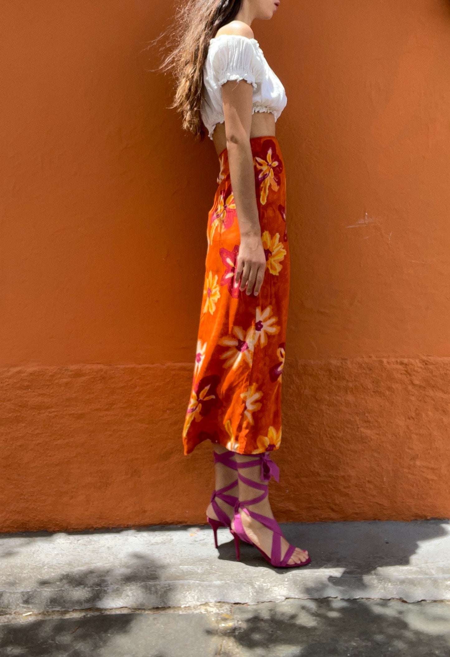 Orange floral maxi skirt, Pareo beach clothing, Feminine elegant high waist skirt, Romantic dreamy summer skirt, S