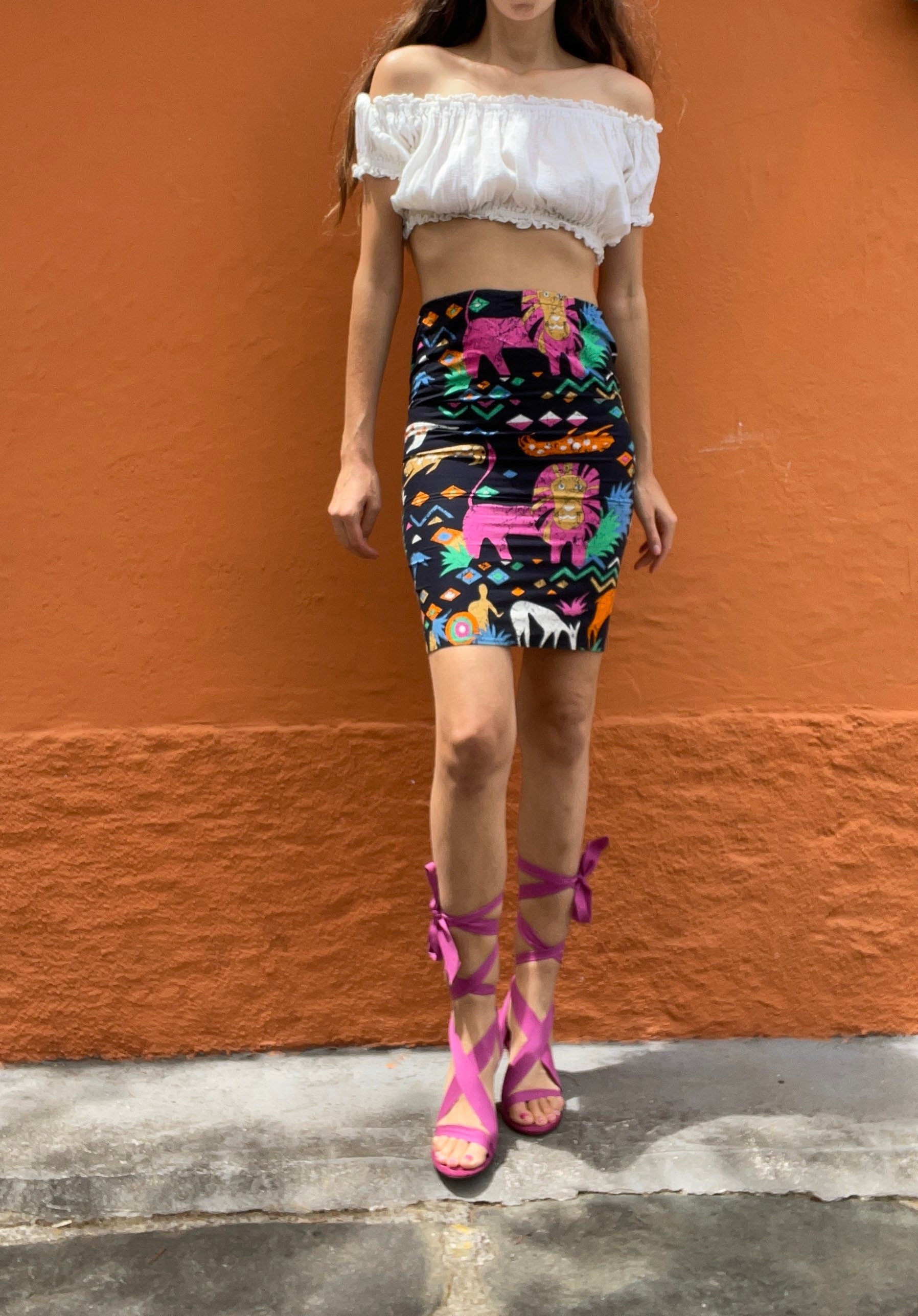 Ethnographic colourful short skirt, Handmade cheerful summer skirt with playful print, African cotton clothing, Aztec retro mini skirt