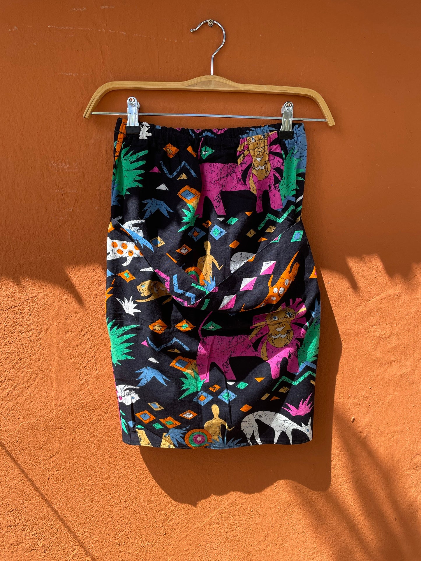 Ethnographic colourful short skirt, Handmade cheerful summer skirt with playful print, African cotton clothing, Aztec retro mini skirt