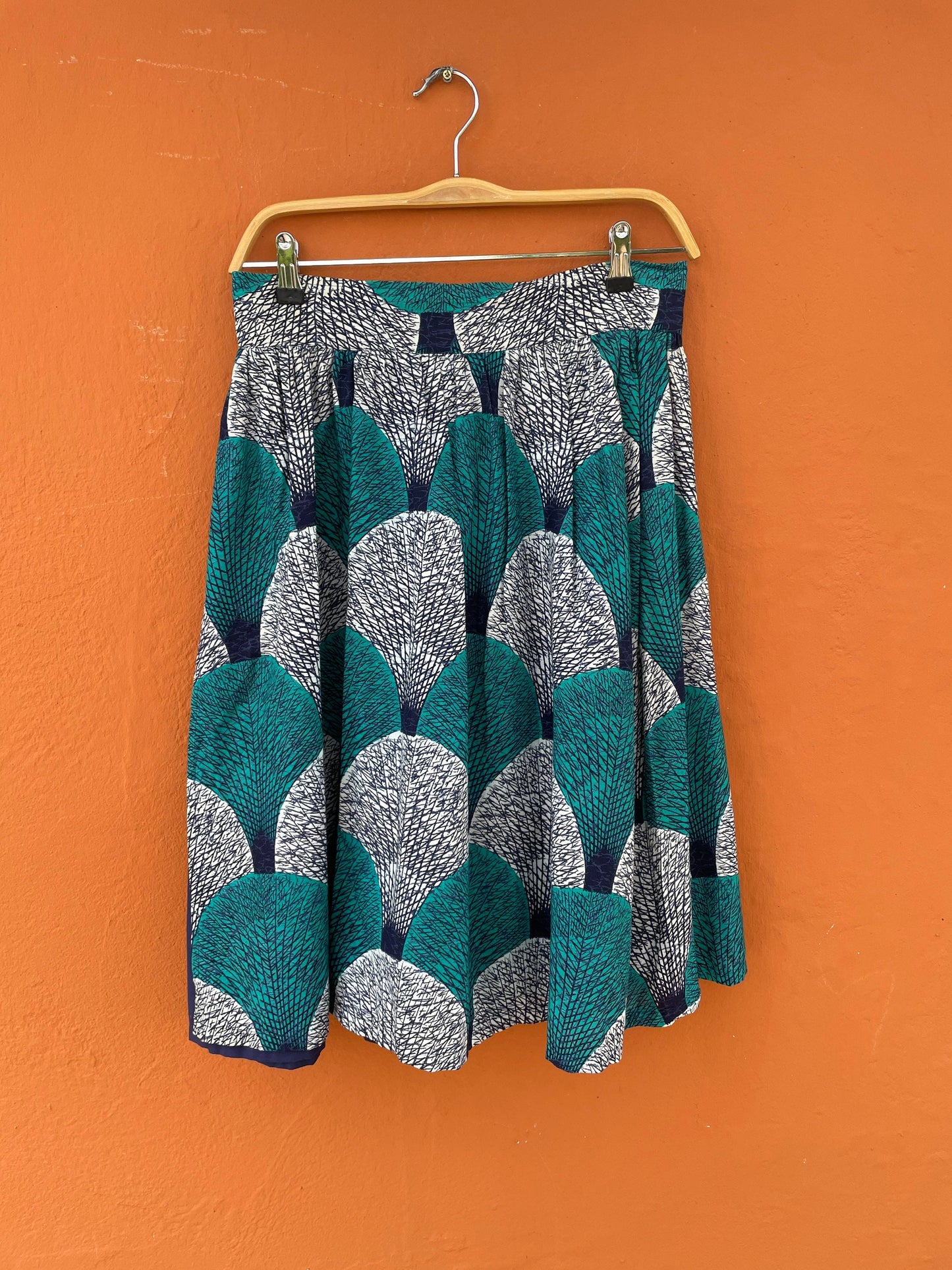 Vintage Francois Lagrange woman skirt, African style summer skirt, Blue and white midi skirt, 60s High waist colourful pring skirt,